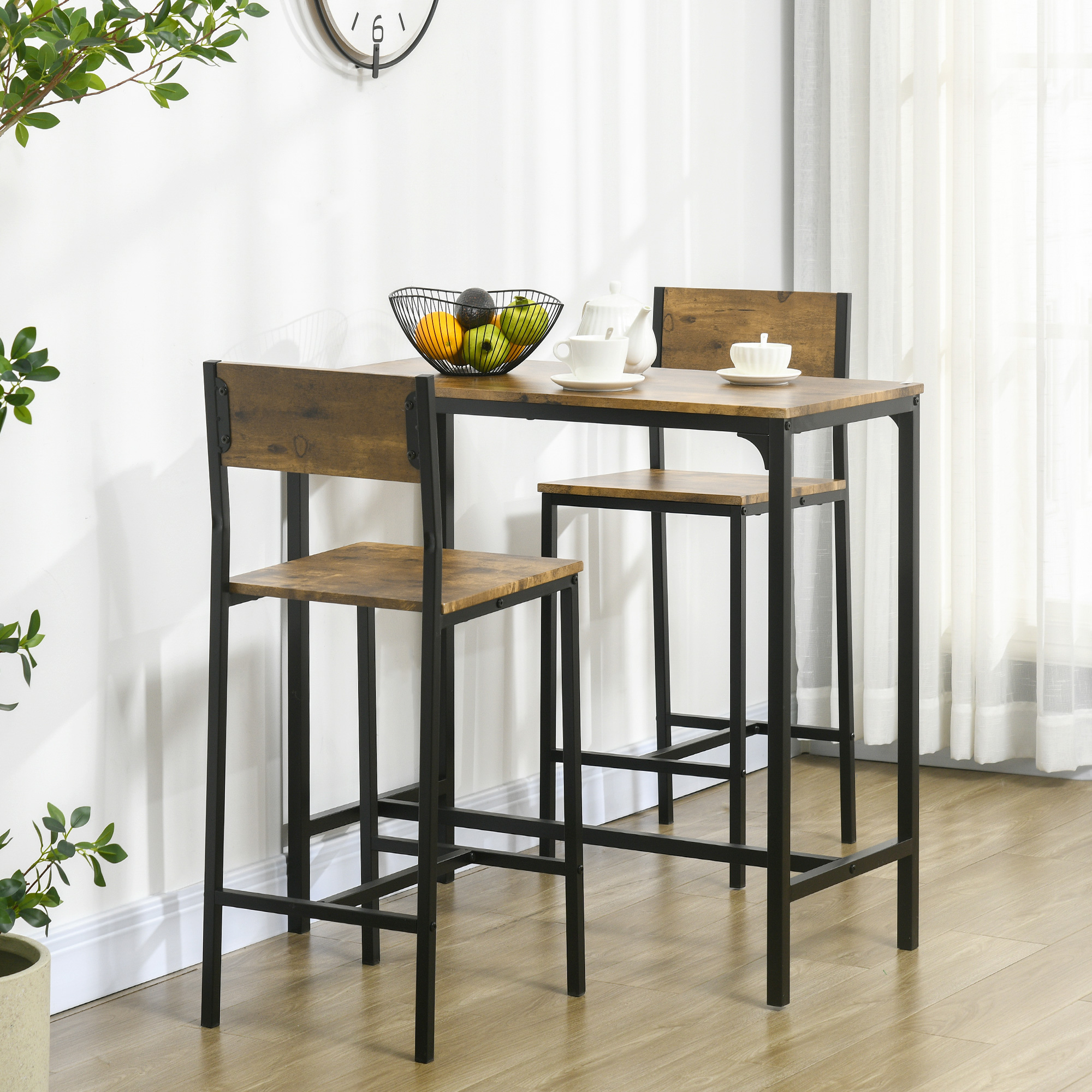 HOMCOM 3-teiliges Bar-Set, Stehtisch, 2 Stühle, MDF, Metallrahmen, wasserfest, Braun