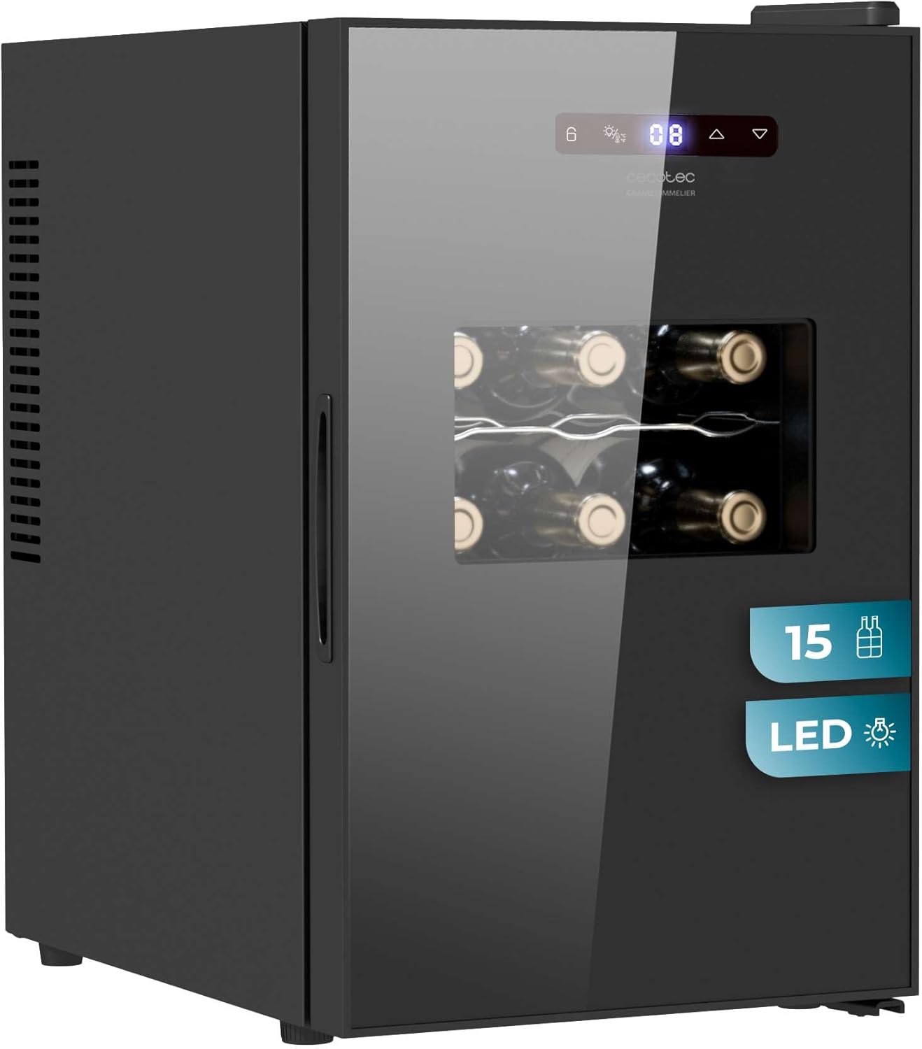 Cecotec Cantinetta Vino Bolero GrandSommelier 1550 CoolCrystal. 15 Bottiglie, Termoelettrica, Silenziosa 35dB, Temperatura 5-18oC, Pannello Touch, LED Interno, Eco-Friendly, Design Elegante e Moderno