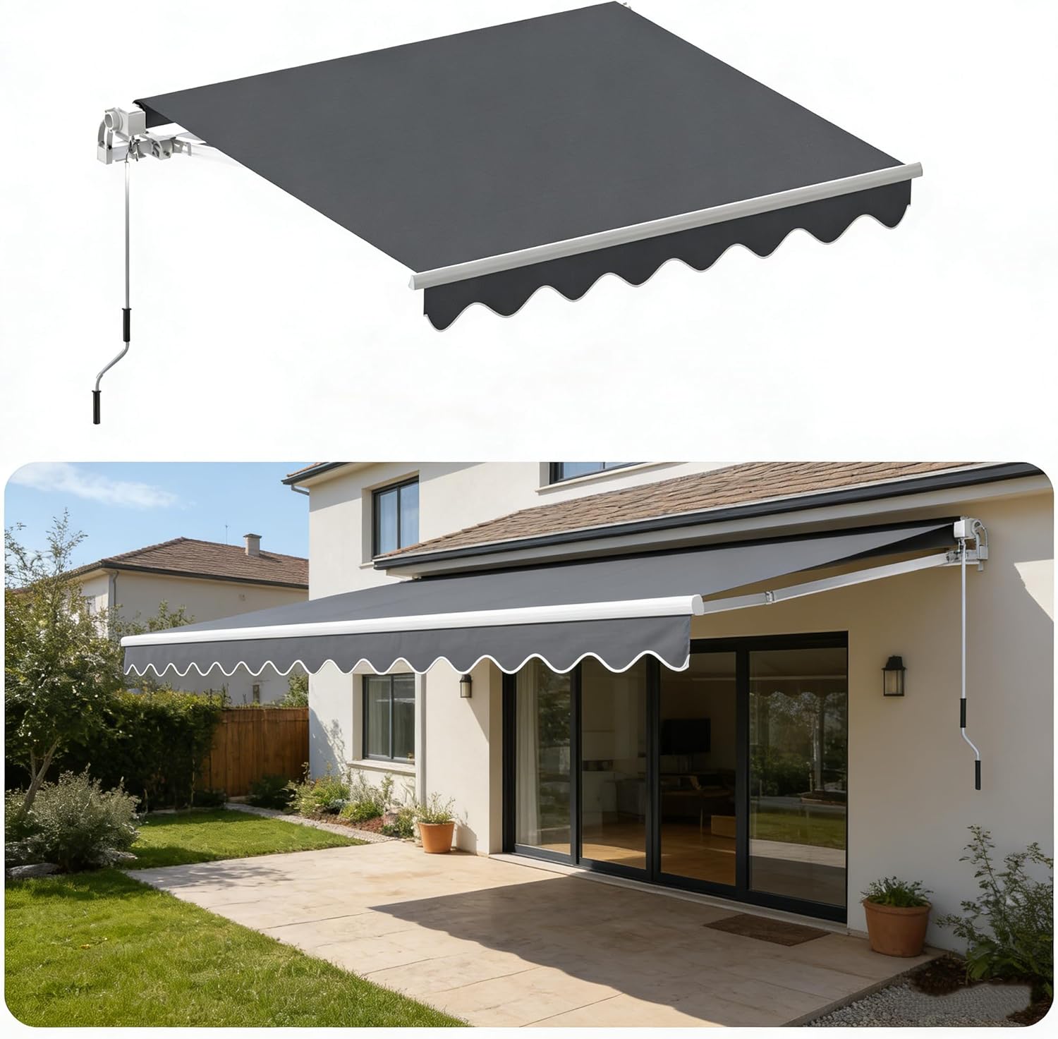 Gelenkarmmarkise 400x300 cm mit Handkurbel, Sonnenschutz Balkonmarkise mit UV-Schutz & Witterungsbeständig, Winkel Einstellbar, Wasserdicht Klemmmarkise für Balkon & Terrasse, Dunkelgrau
