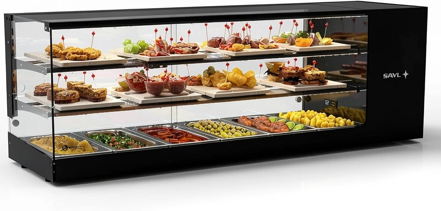 Vetrina tapas Logic WORLDMAI x SAYL, 132 x 38 cm, 3 livelli e 6 vaschette GN 1/3 per ristorazione. Vetrina refrigerata professionale da banco con LED, per bar e ristoranti.