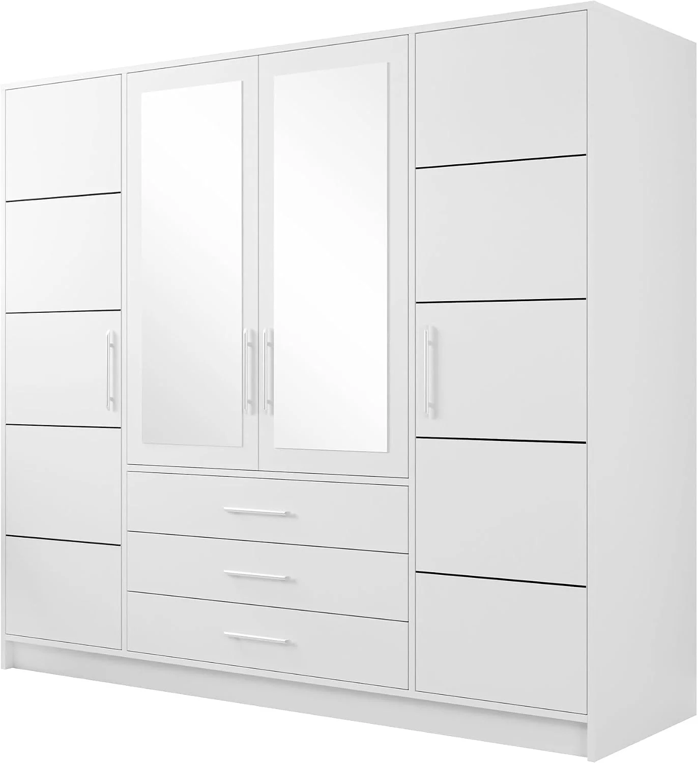 Drehtürenschrank Bado 4D, Kleiderschrank mit Spiegel, Elegantes Schlafzimmer Schrank, Schubladen und Spiegeltüren, Jugendzimmer (Weiß)