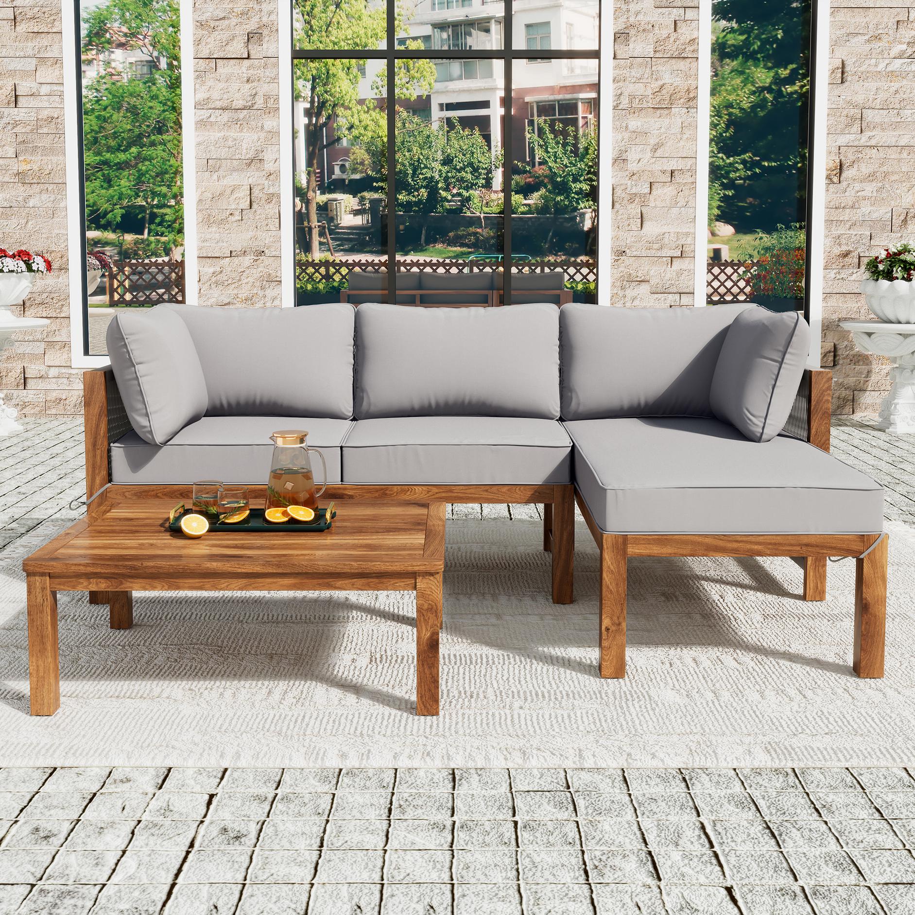 3-teiliges Garten-Loungestuhl-Set, verstellbare Beine, 2 Zweisitzer und 1 Tisch, Grau