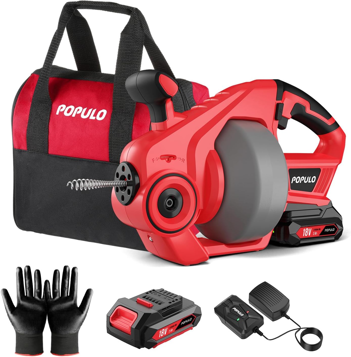 POPULO 18V(20V Max) Trivella di scarico elettrica, 25Ft Utensili per la rimozione di zoccoli di scarico a serpente per impianti idraulici, Pulitore di scarico senza fili per WC, fogna, bagno