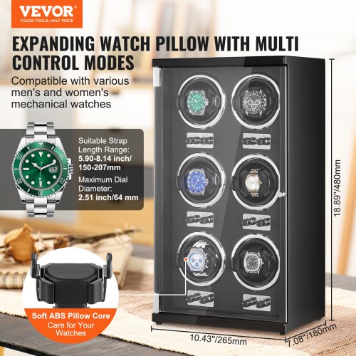 VEVOR Uhrenbeweger, Automatik-Uhrenbeweger, Watch Winder, Uhrenbeweger für Automatikuhren, Automatischer Uhrenbeweger mit Platz für 6 Uhren, LED Beleuchtung, 150–207 mm Einstellbare Riemenlänge