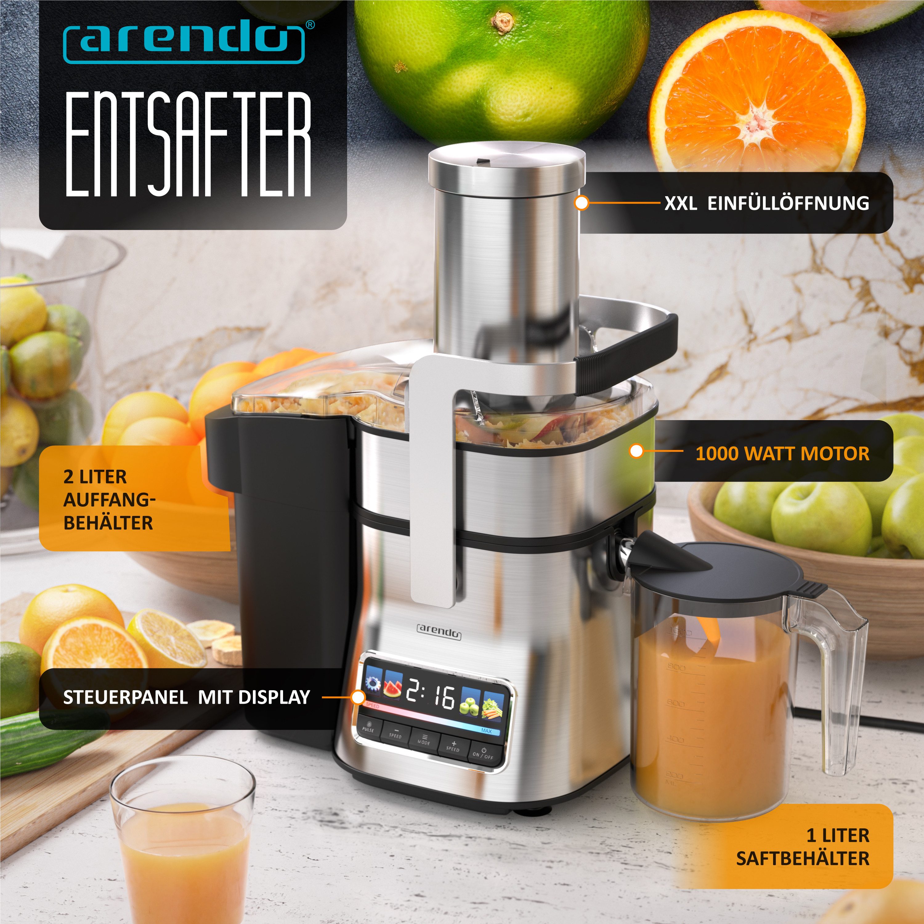 Zentrifugenentsafter Zentrifugaler Edelstahl digital Entsafter, Obst & Gemüse, Farbdisplay