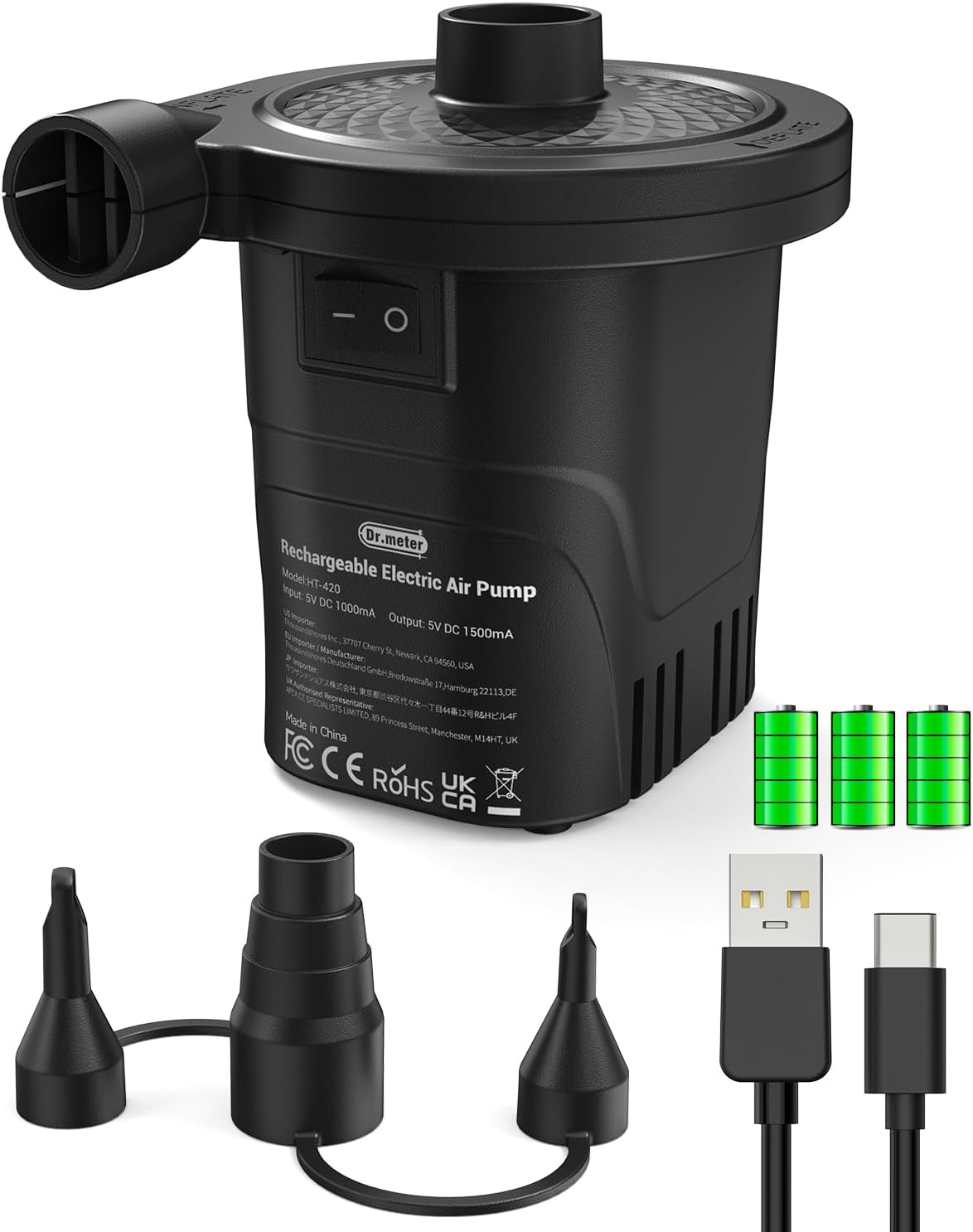 Dr.meter Pompa Elettrica, 6000mAh Pompa Elettrica per Materasso Gonfiabile può essere rapida per Gonfiare e Sgonfiare, Adatto per Materasso Gonfiabile, Materassino Campeggio, Piscina Gonfiabile