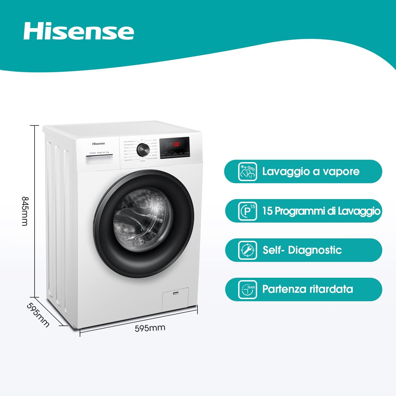 Hisense WFVB7012EM Front Load Washing Machine 7 kg 1200 rpm 15 Programs Steam LED Display Rapid Program Delay Start Child Lock