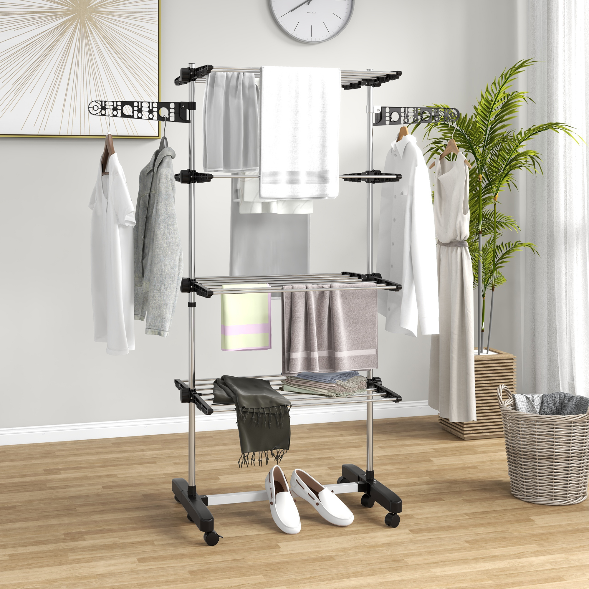 HOMCOM Wäschenständer Wäschetrockner 5 Ebenen, klappbar, One-Klick-System, 142 cm x 55 cm x1 72 cm, Schwarz + Silber