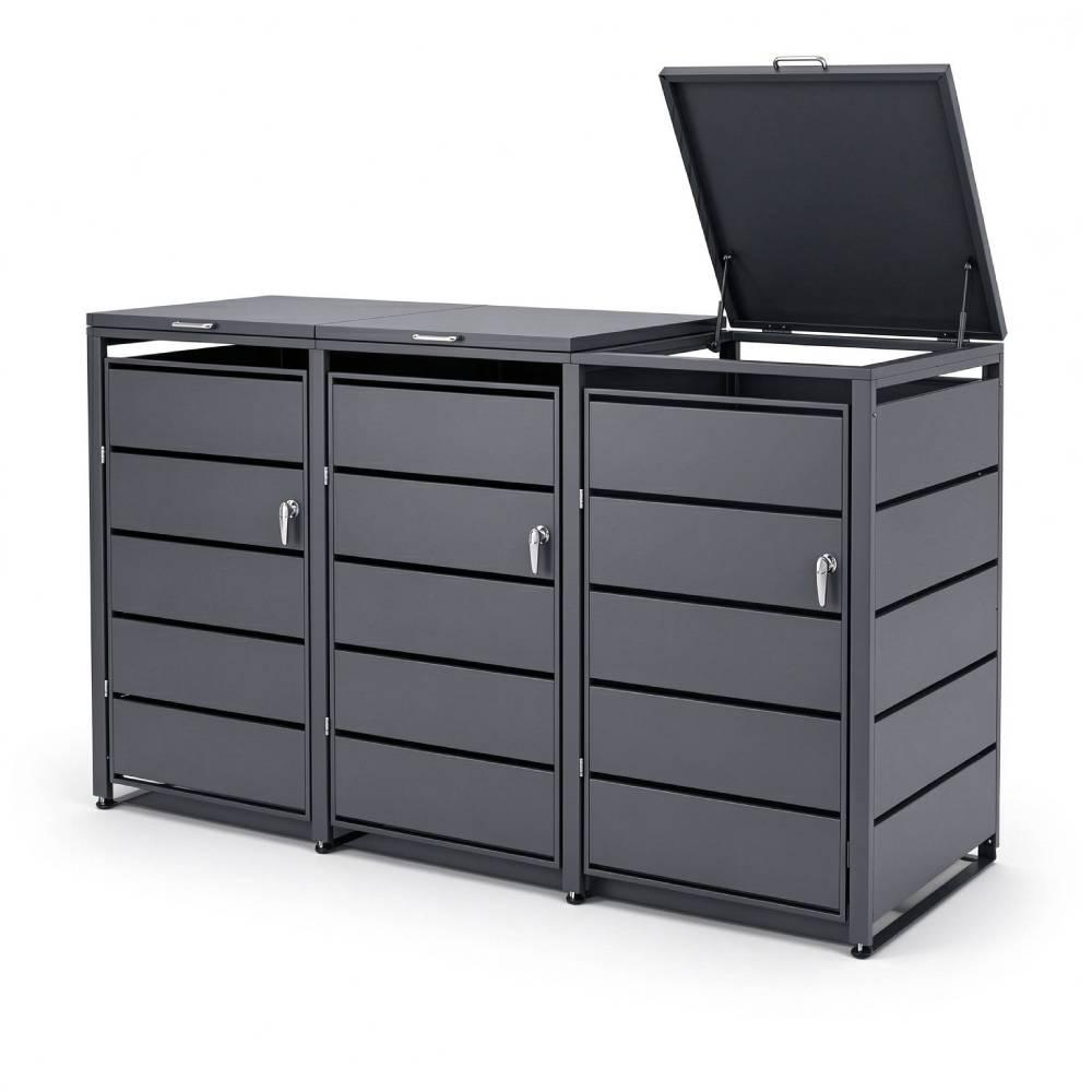 Mülltonnenbox 3er aus Metall für 120 bis 240 L Mülltonnen mit abschließbaren Türen 116 x 196 x 80 cm