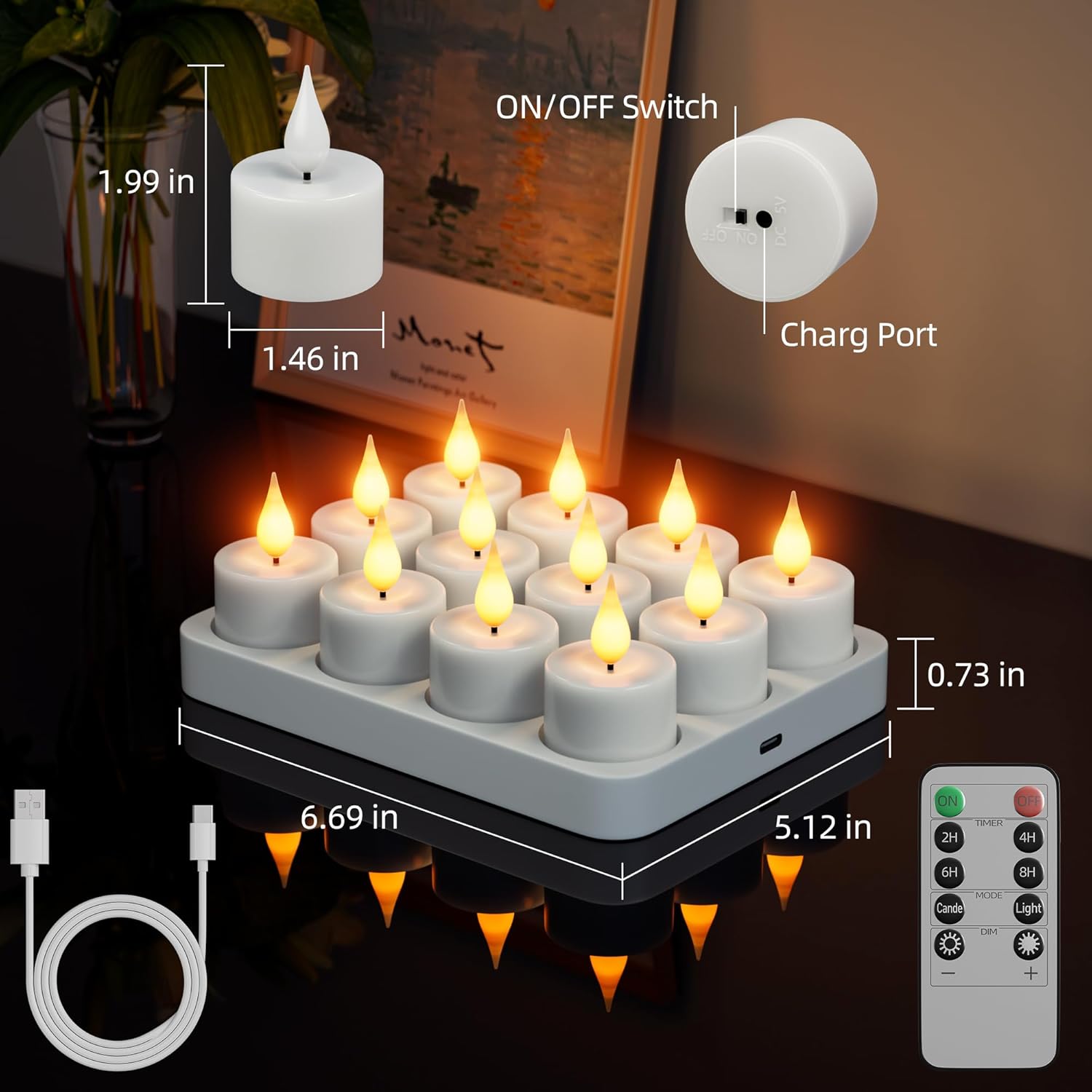 Wiederaufladbare flammenlose Teelichter: 12 batteriebetriebene Teelichter mit Fernbedienung, Timer und Ladestation, flackernde Votivkerzen, für Weihnachten, Halloween, Hochzeitsdekoration