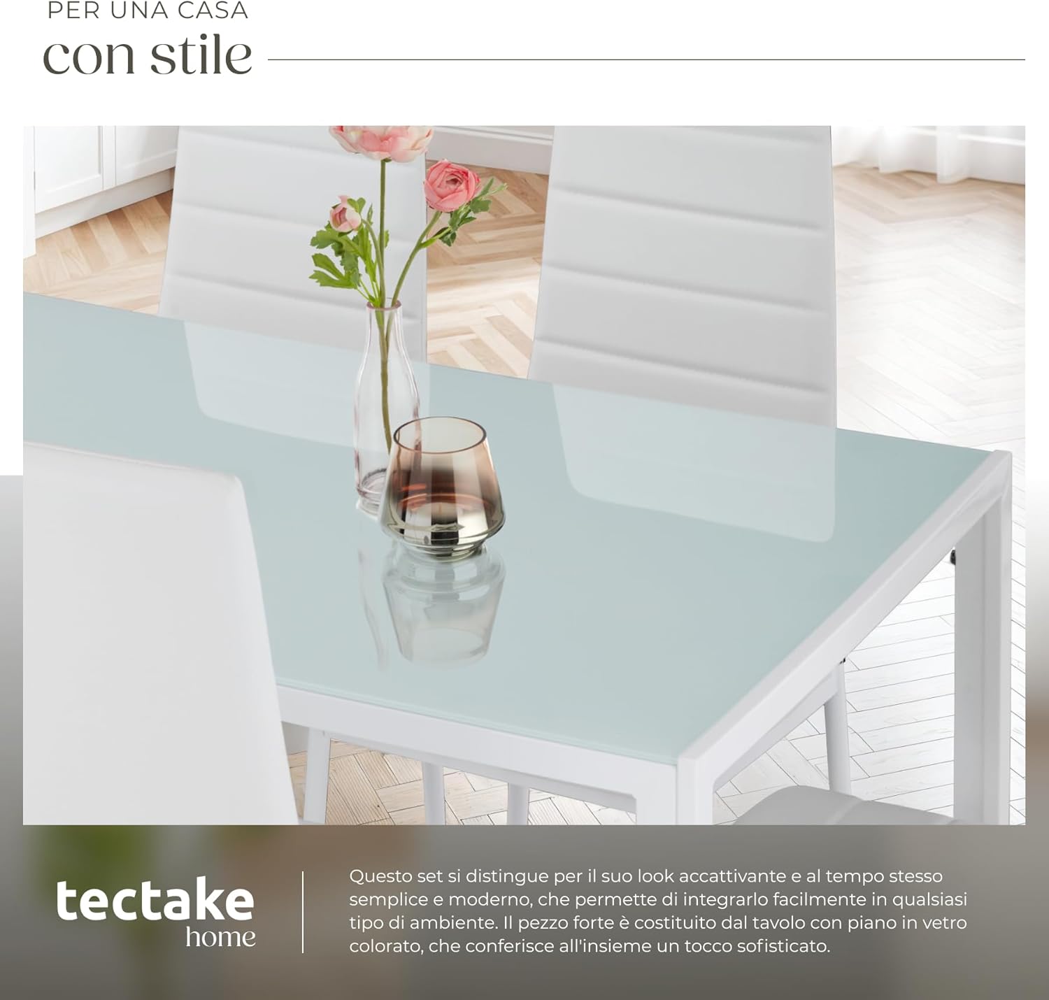 TecTake® Set di Mobili per Sala da Pranzo, 6 Sedie in Similpelle Resistente, Tavolo con Piano in Vetro, Design Moderno, Piedini SalvaPavimento, Ideale per Cucina e Soggiorno - Bianco
