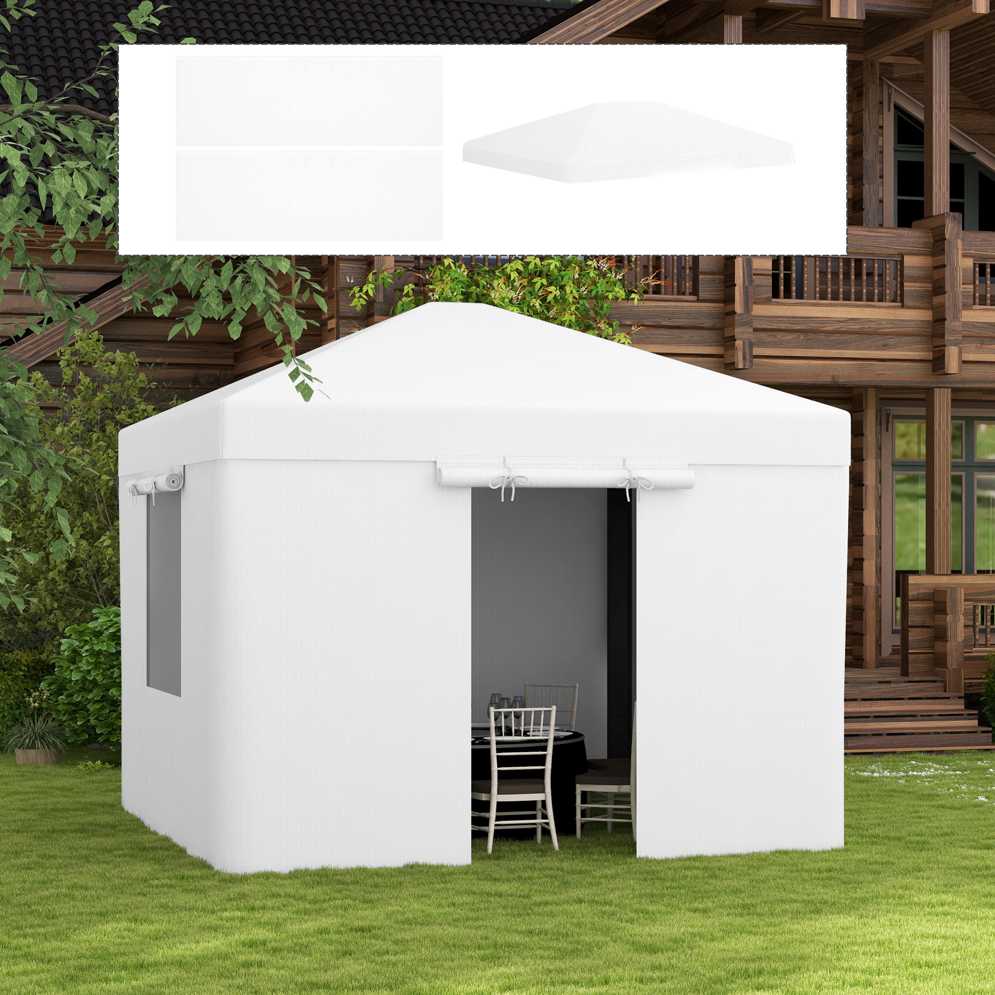 Outsunny Pavillon Abdeckung 3x3 m aus PE Wasserdicht mit Reißverschlusstüren und Fenstern, Weiß