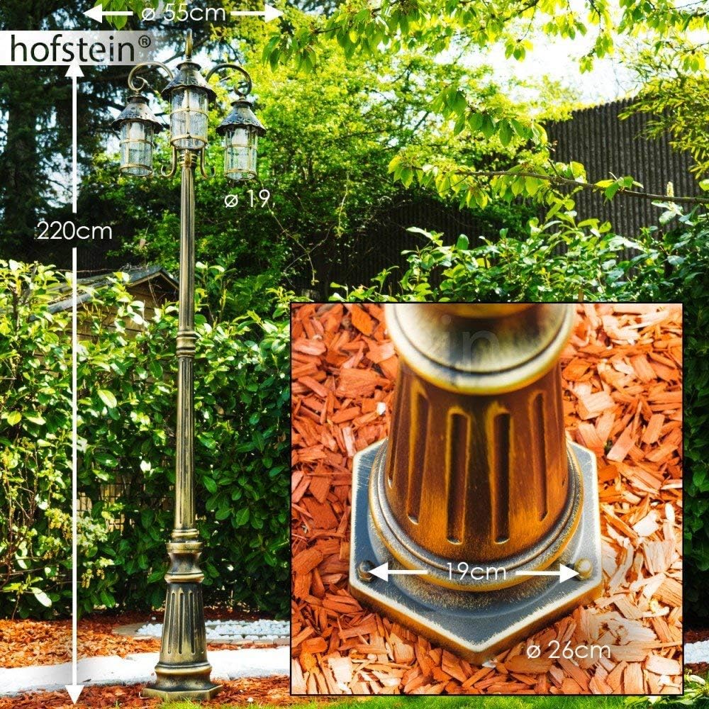 HOFSTEIN Kandelaber Tolep, Außenwegeleuchte aus Metall/Glas in Braun/Gold/Klar, Wegeleuchte im Antik/Retro/Vintage-Design für Garten, Außenbereich, Hof, 220 cm, 3 x E27, IP44