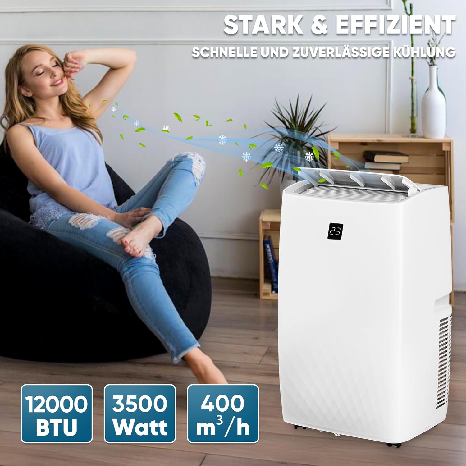 Klimaanlage Mobil 12000 BTU/h (3.500 Watt) - Mobiles Klimagerät 4in1 mit WiFi/App Monoblock Kältemittel - Fernbedienung, 24h-Timer, Luftentfeuchter, Nachtmodus (12000 BTU)