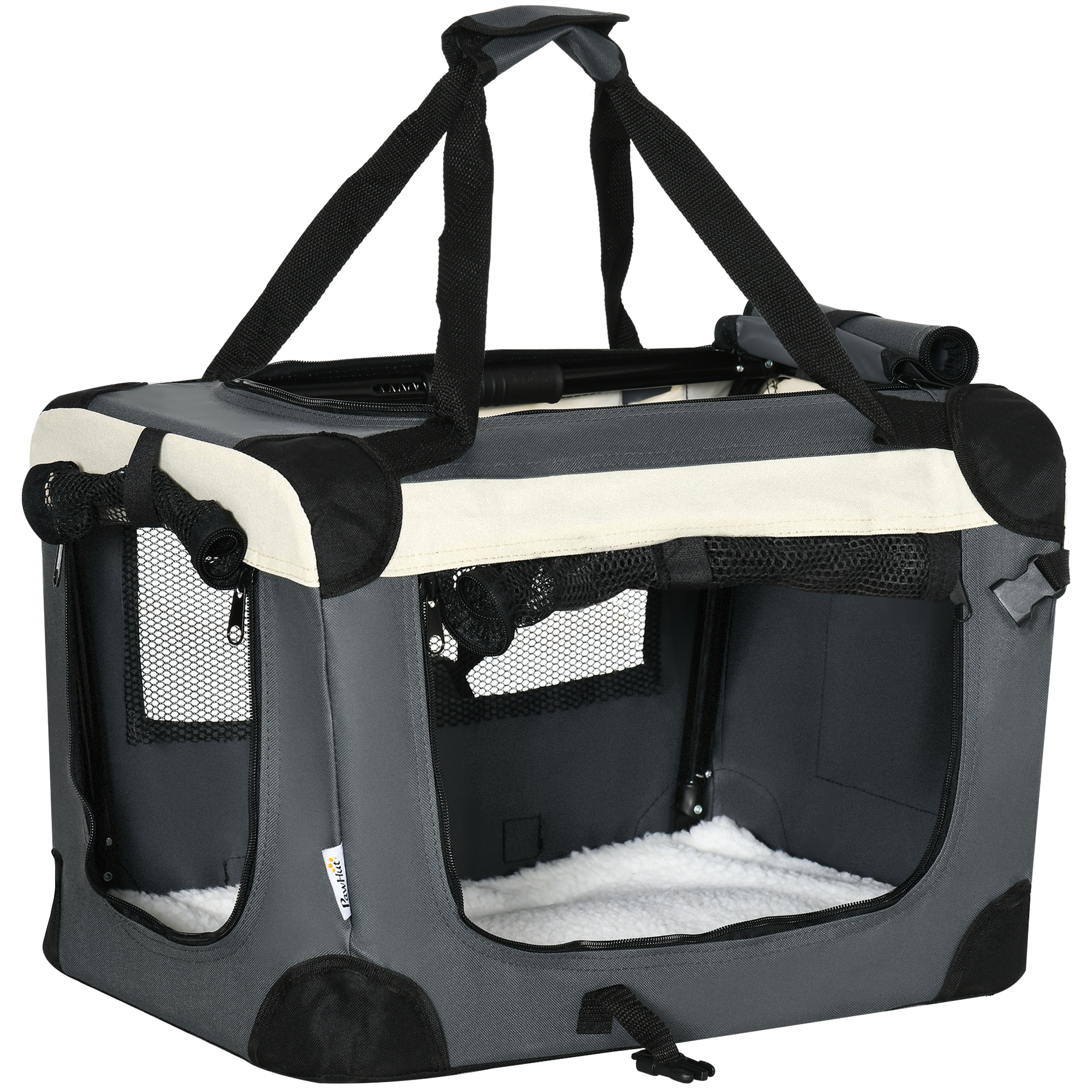 PawHut Transporttasche, Transportbox, für Katzen und kleine Hunde, faltbar, 3 Türen, grau, 50,5 x 33,5 x 35cm