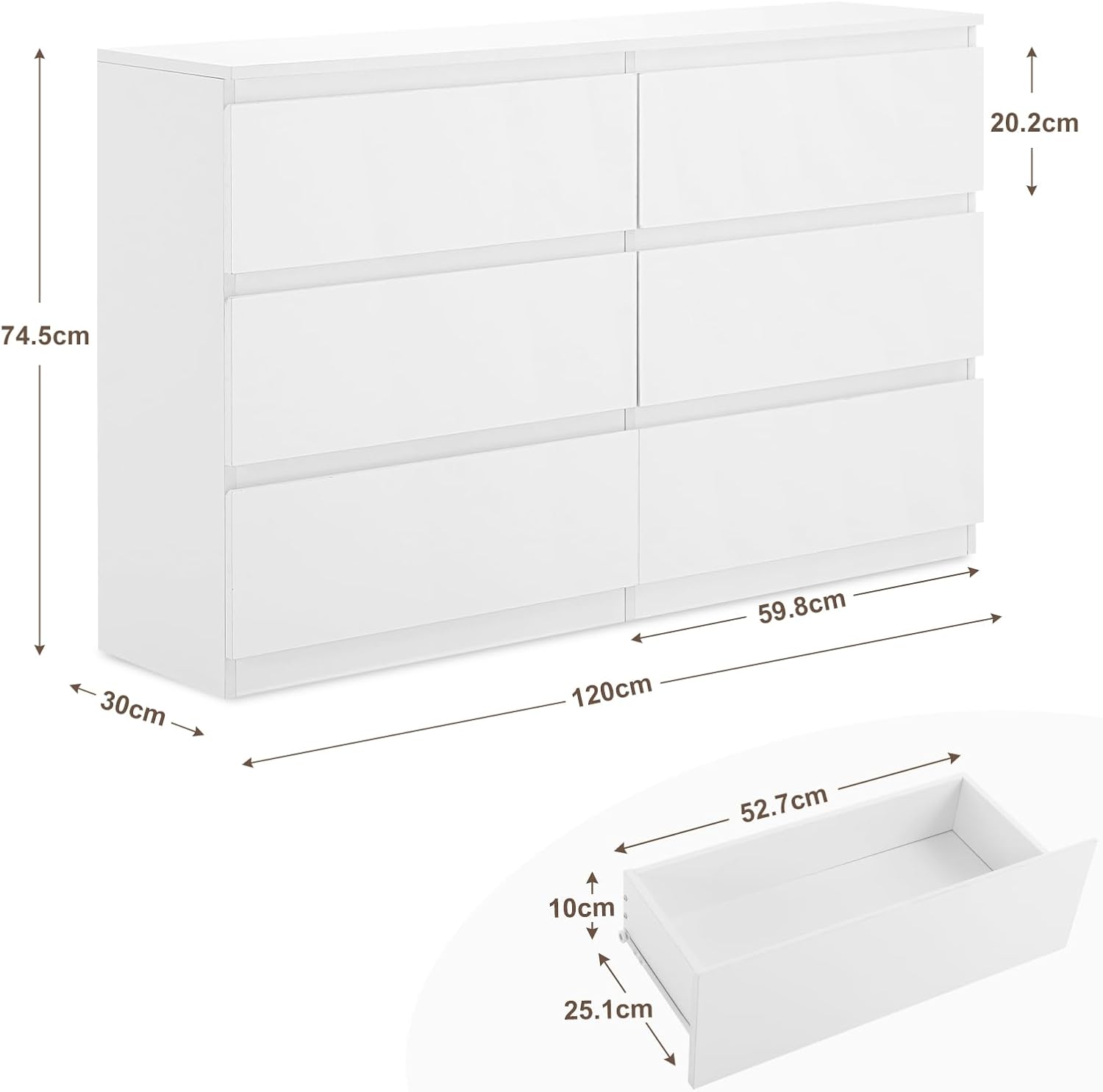Sweetcrispy Kommode, Weißes Sideboard mit 6 Schubladen, 120×30×75cm, Viel Stauraum für Wohnzimmer, Flur & Schlafzimmer, Moderner Kommodenschrank