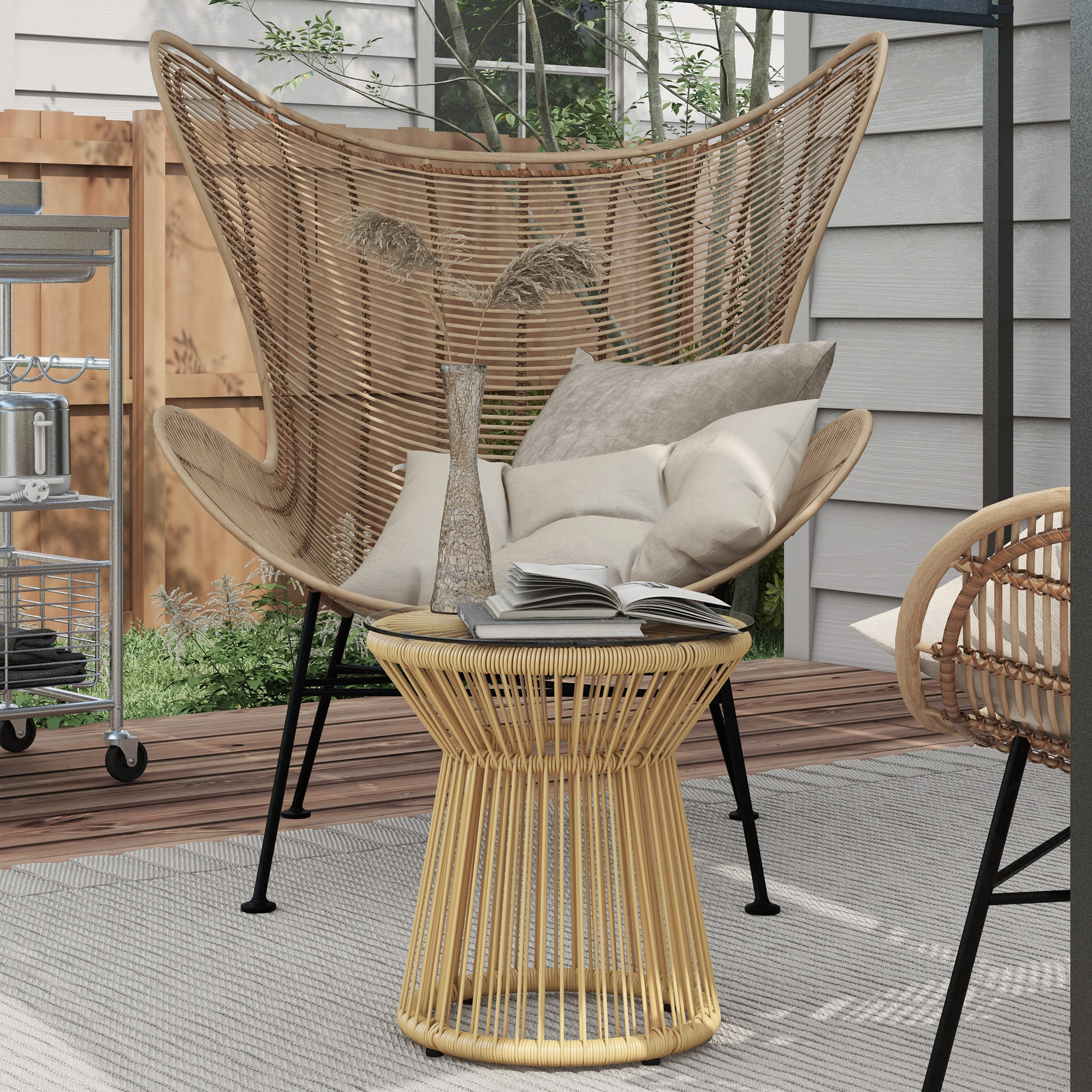 Outsunny Outdoor-Beistelltisch Gartentisch Rattan-Beistelltisch, Glasplatte, PE-Rattan, 40 cm x 40 cm x 42 cm Beige
