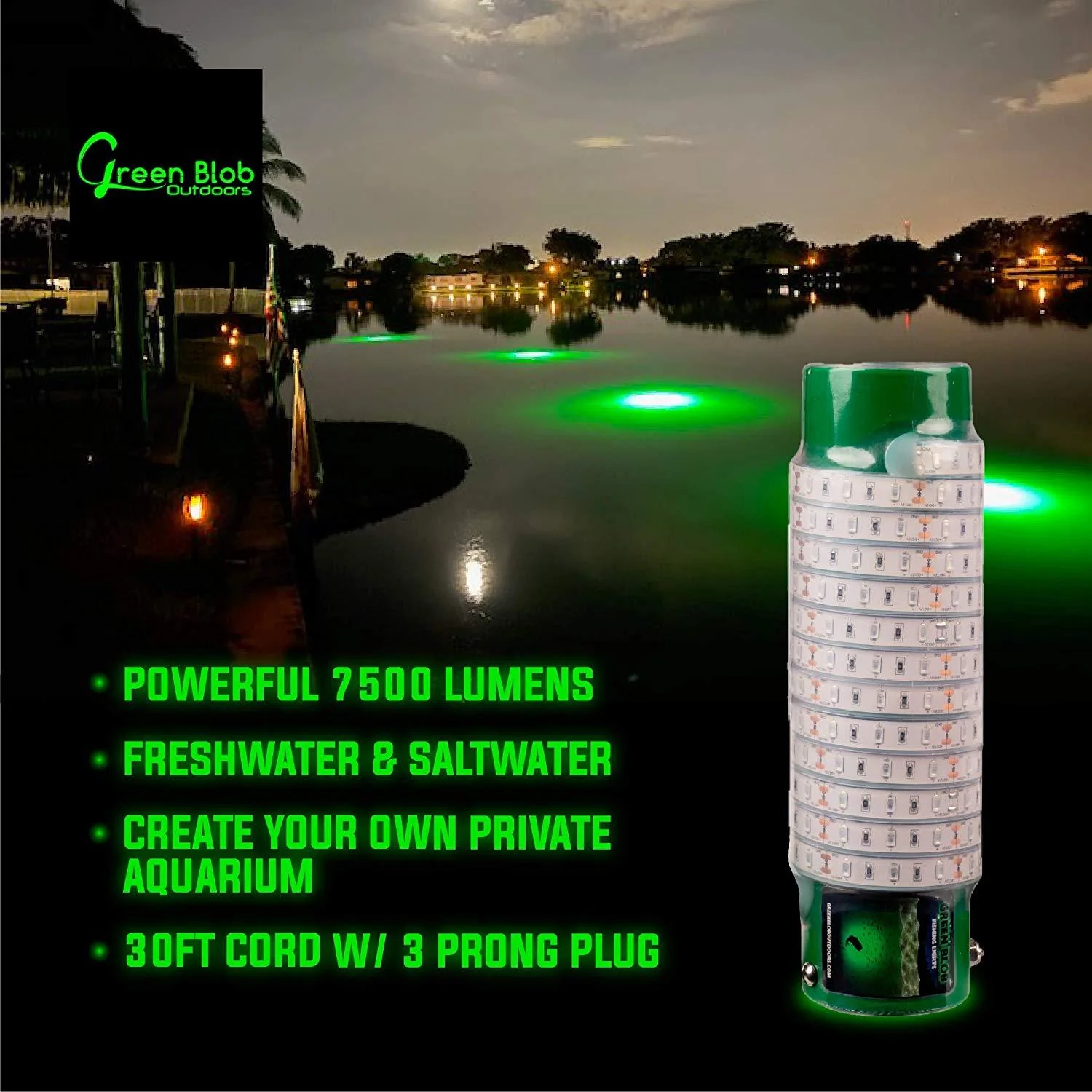 Dock 7,500 Lumens Green Blob Underwater Fishing Light