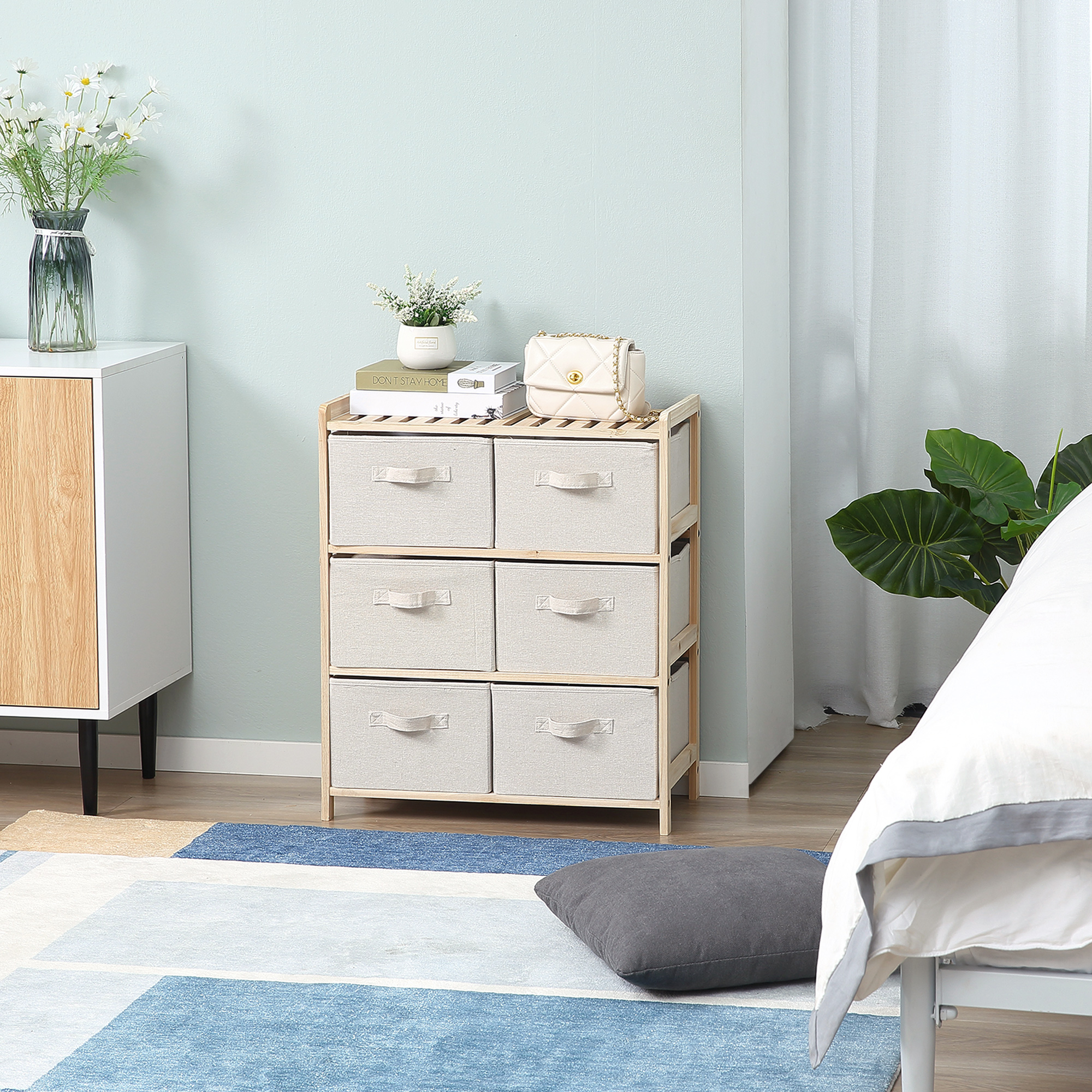 HOMCOM Stoffkommode Aufbewahrungsschrank mit 6 klappbaren Schubladen im zeitgenössischen Stil, Kiefernholzrahmen für Schlafzimmer Büro Wohnzimmer 59 x 28 x 70 cm Naturholz Beige