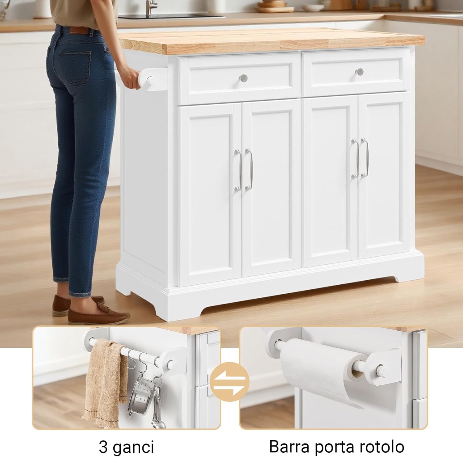 SoBuy Carrello Cucina con Ruote, Isola Cucina con Piano di Lavoro Estensibile, 2 Cassetti e Ripiani Regolabili Mobile Salvaspazio per Mobili da Cucina, Bianco 115 x (46-71) x 92 cm FKW71-II-WN