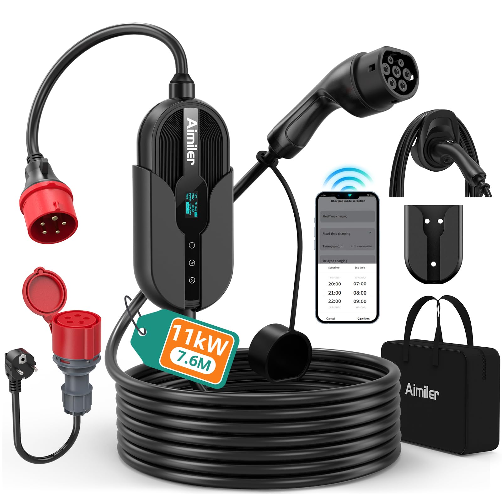 AIMILER Wallbox 11kW App 400V 8 bis 16A 3 phasig CEE Typ 2 IP66 Ladegerät mobil Wandmontage für EV Schwarz
