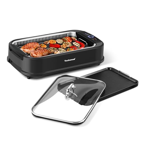 Indoor Grill, Techwood 1500W Smokeless Electric Grill with 2 in1 Nonstick Grill/Griddle Plates, Portable Korean BBQ Grill with 6 Level Control, Glass Lid, Dishwasher Safe, Double Plates, Black: Home & Kitchen