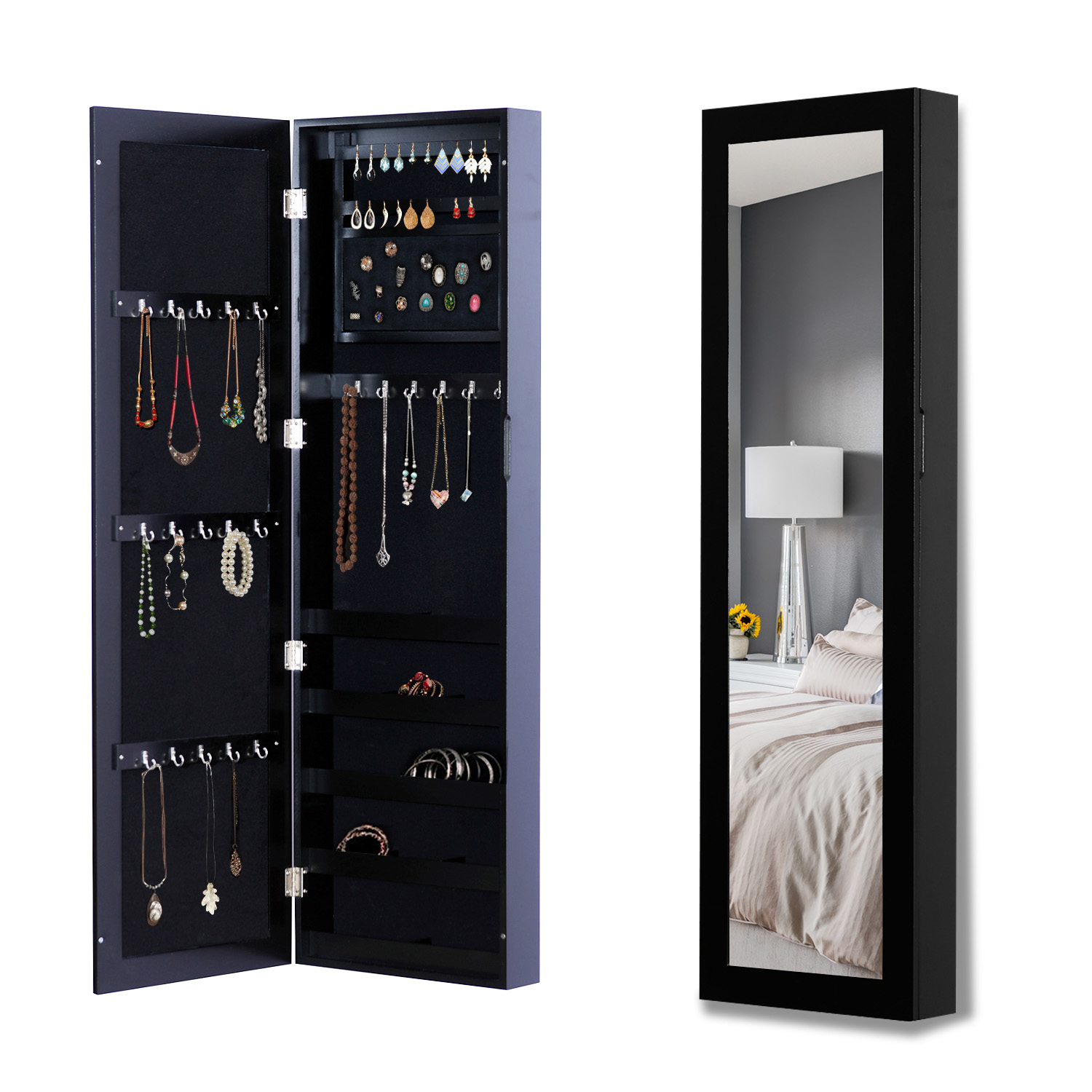 HOMCOM Wand Schmuckschrank mit Haken und Fächern aus Holz, Schmuckschrank mit Spiegel für Ohrringe, Halsketten und Ringe, 37x9.5x121 cm, Schwarz