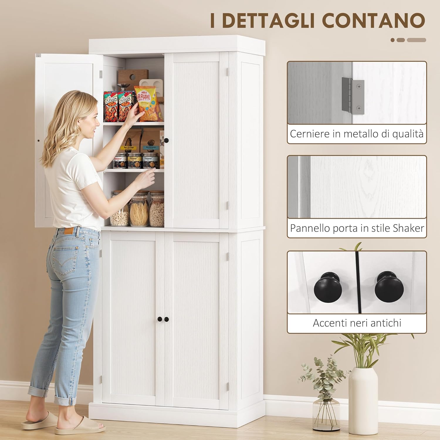 HOMCOM Mobile Cucina Alto con 6 Ripiani e 2 Ante, Armadio Dispensa con Ripiani Regolabili in Legno, 76x40.5x184 cm, Bianco