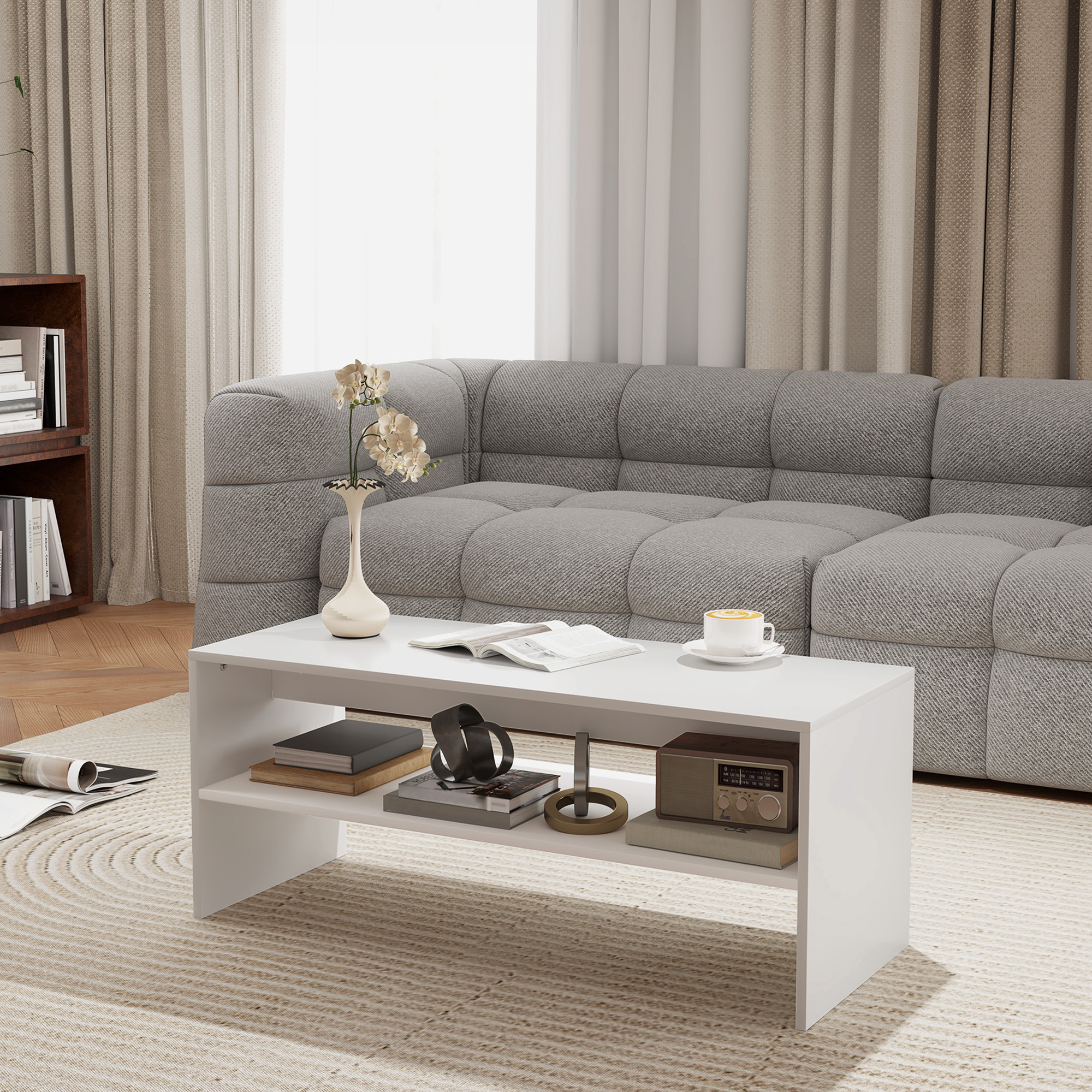 HOMCOM Moderner Holz Couchtisch mit 2 Ebenen und offener Ablage, 100x40x41,5 cm, Weiß
