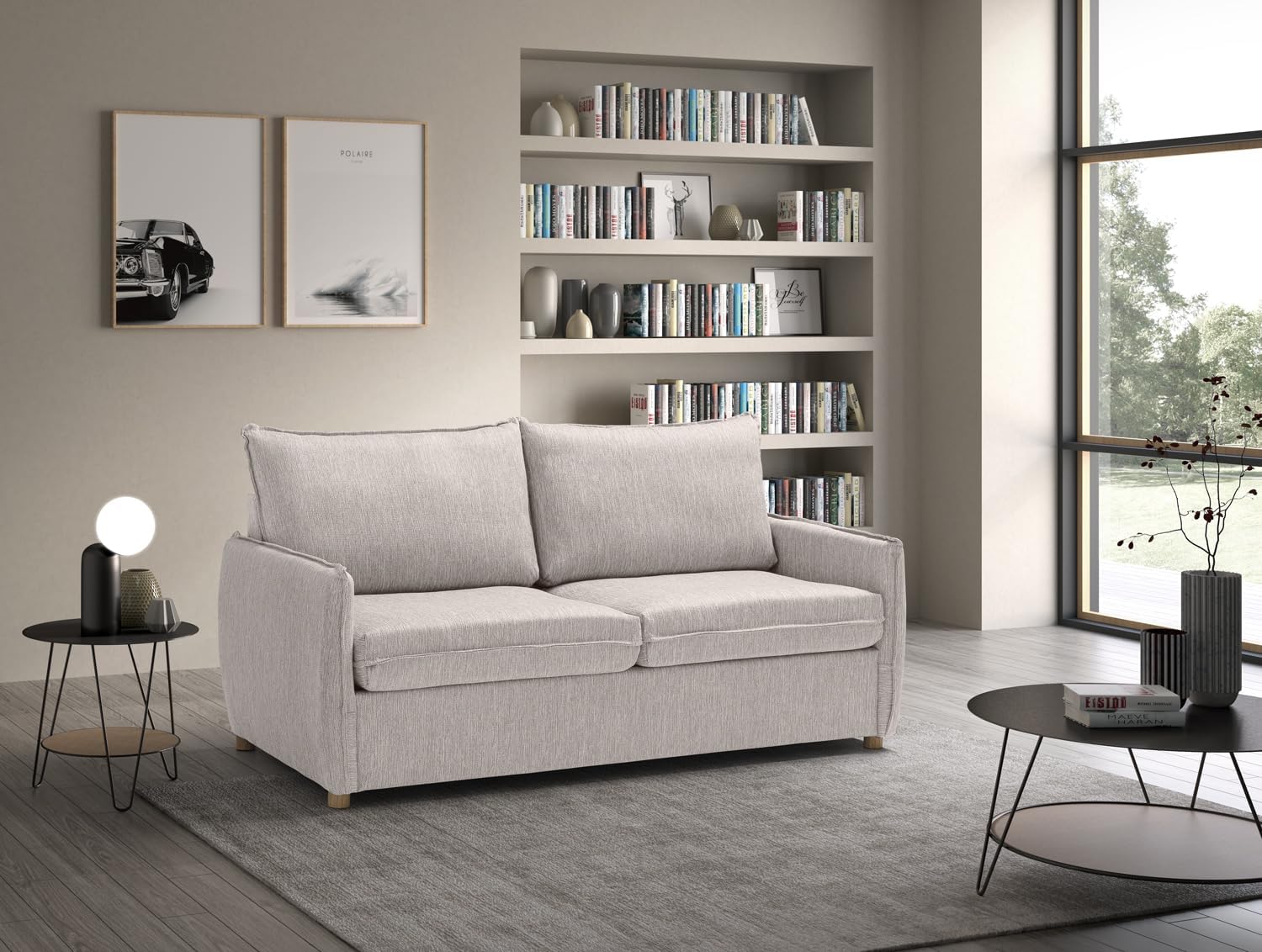 Deshome – Divano letto matrimoniale 2 posti | 3 posti 170x90cm, divano letto con materasso, cuscini da seduta estraibili, struttura pieghevole, tessuto morbido al tatto, CLEOPATRA (Beige)