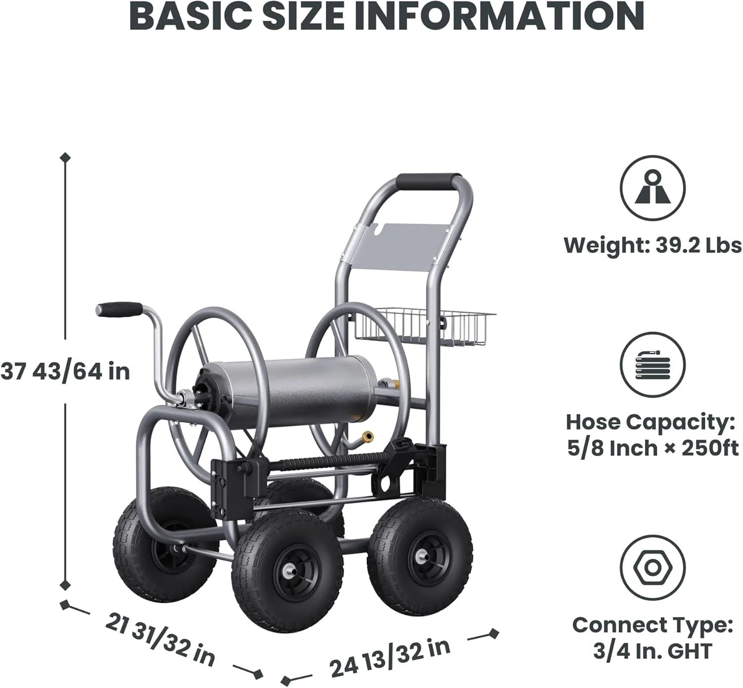Giraffe Tools Heavy Duty Industrial Garden Hose Reel Cart with Wheels, 5/8in-250ft Hose Capacity