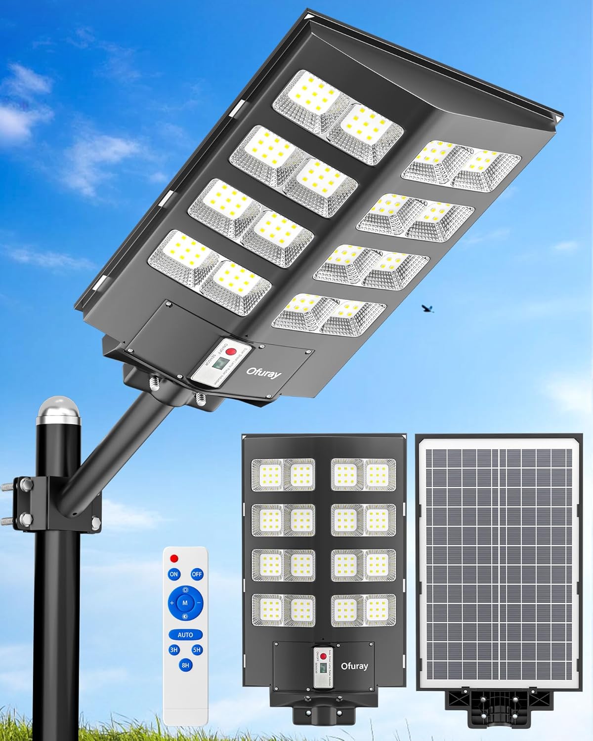 Ofuray Of-2600W Solar Straßenlaterne für Außen, 268000LM Solarlampen für Außen mit Bewegungsmelder, 6500K LED Solarstrahler mit Fernbedienung IP67 Wasserdicht, Geeignet für Straßen, Höf, Garten