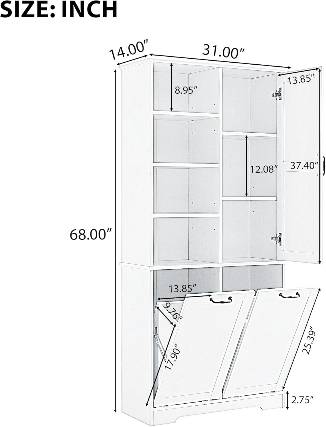 SOFTSEA 68" Double Tilt Out Laundry Hamper Cabinet, Tall Hidden Laundry Basket Cabinet with 3 Doors & Adjustable Shelf, Freestanding Bathroom Storage Cabinet for Laundry Room Kitchen, Wash Oak