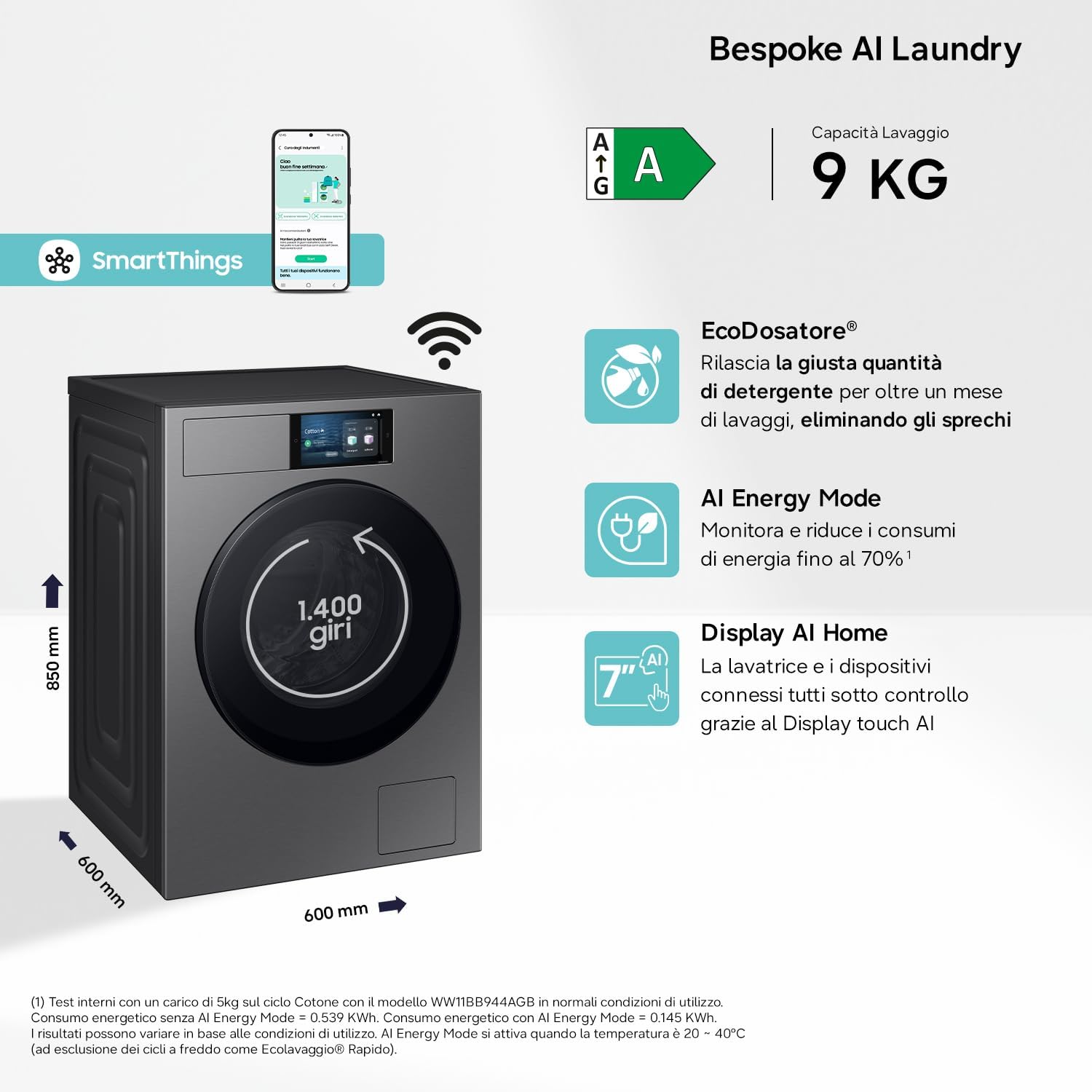 Samsung Lavatrice BESPOKE AI Laundry WF90F09C4S/U3 Libera installazione, 9 Kg, Wifi, Ecodosatore, Display AI Home, Classe Energetica A-55%, Corpo: Dark Silver Steel, Oblò: Nero, 60l x 85h x 60p cm