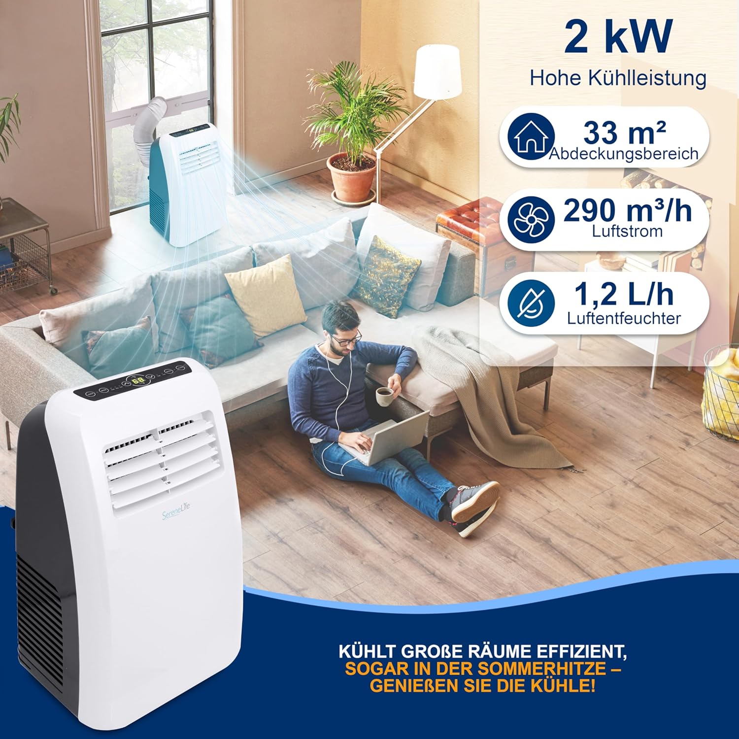 SereneLife Klimaanlage mobil, 3-in-1 mobiles Klimagert mit Abluftschlauch - Luftkühler, Luftentfeuchter & Ventilator, air conditioner 9.000 BTU, 1,5 L Feuchtigkeit/Stunde, kühlt Rume bis 42 m