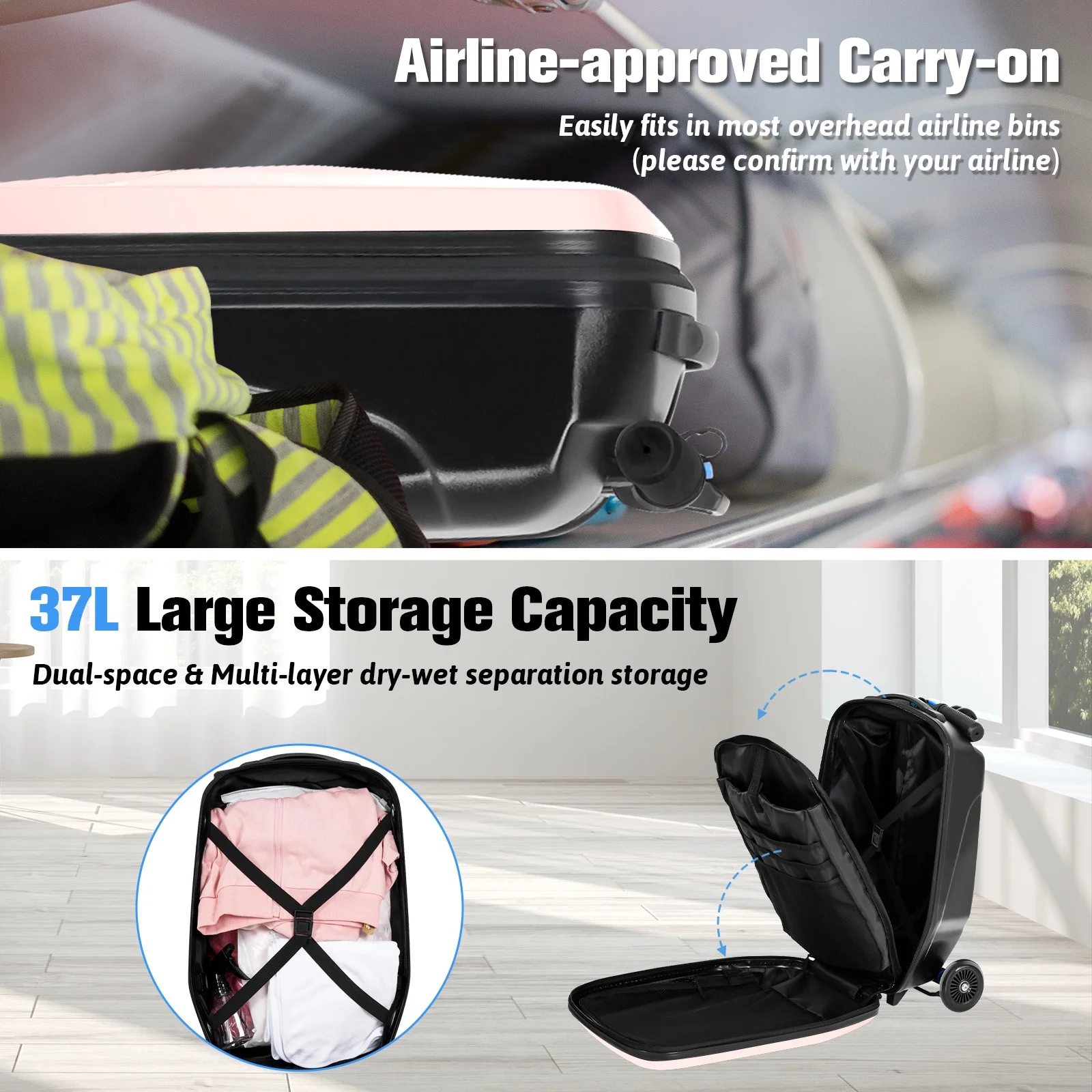 Advwin Scooter Luggage for Kids & Adults, Hardside Ride on Suitcase for Kids Ages 4-15 Multifunctional Lightweight Foldable Carry on Luggage with Wheels Ride on for Children Teenagers, Pink