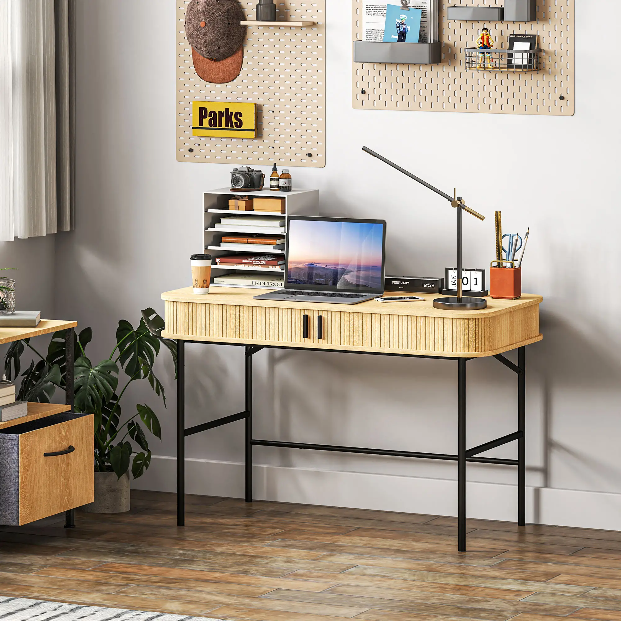 HOMCOM Schreibtisch mit Stauraum Lamellendekor Eiche
