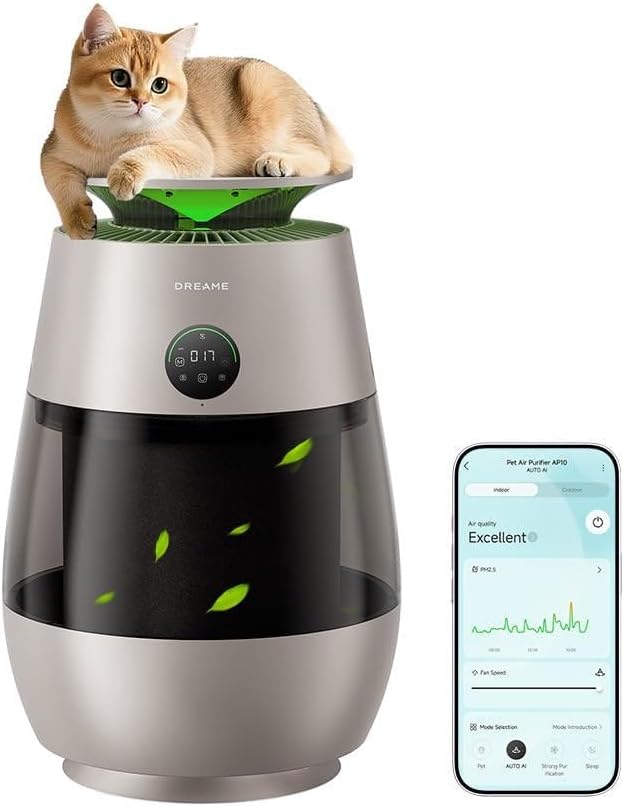 ‌Dreame Pet Air Purifier, 1346 ft² for Home Large Room, NeverChange 5.4-Year Filters for Odor Purification, 360° Visual Collection of Hair, ‌Pet-Friendly Design, APP & Voice Control, AP10-Gold