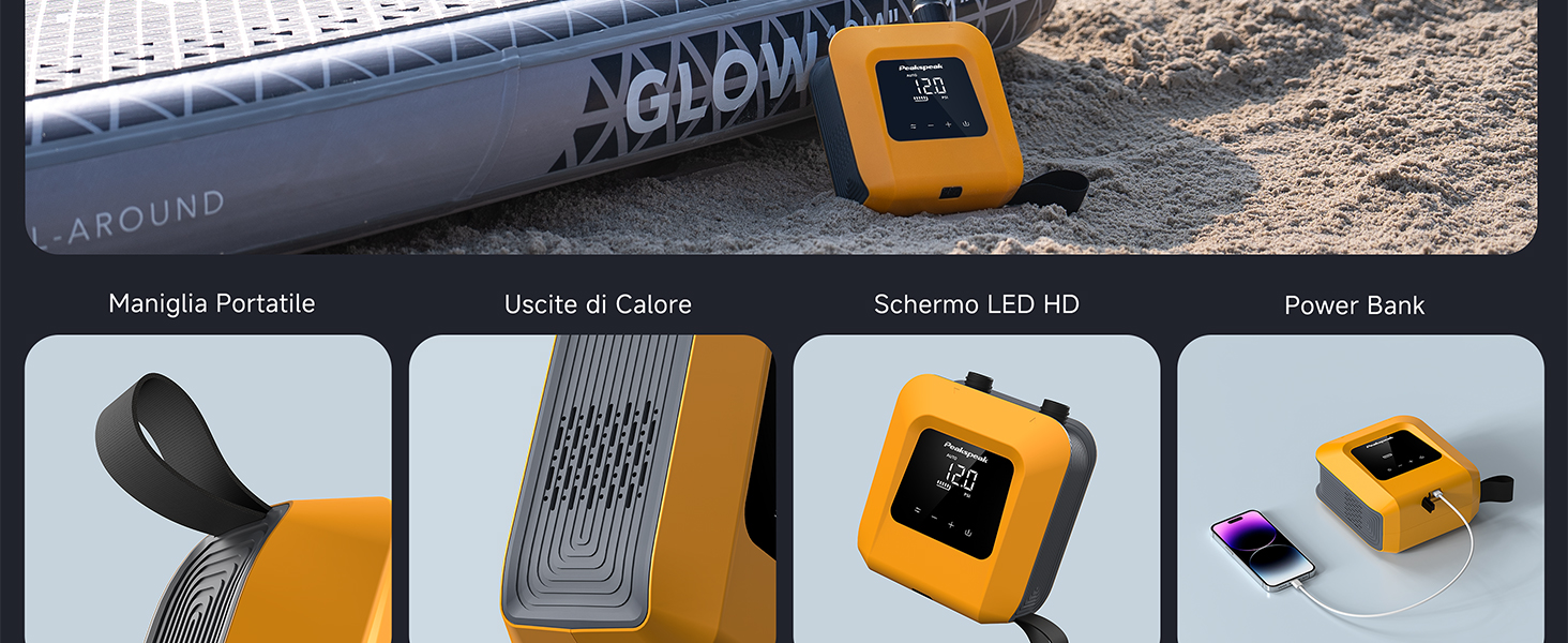 Immagine del prodotto a più pannelli che mostra un dispositivo nero e arancione con funzionalità di scheda microSD, visualizzato da diverse