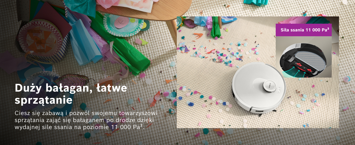 Tekst brzmi: „Duży babybox, musisz sprzątanie.” Wyświetlacz produktu przedstawiający biały plastikowy pojemnik z zielonymi akcesoriami i elementami dekoracyjnymi rozrzuconymi dookoła.