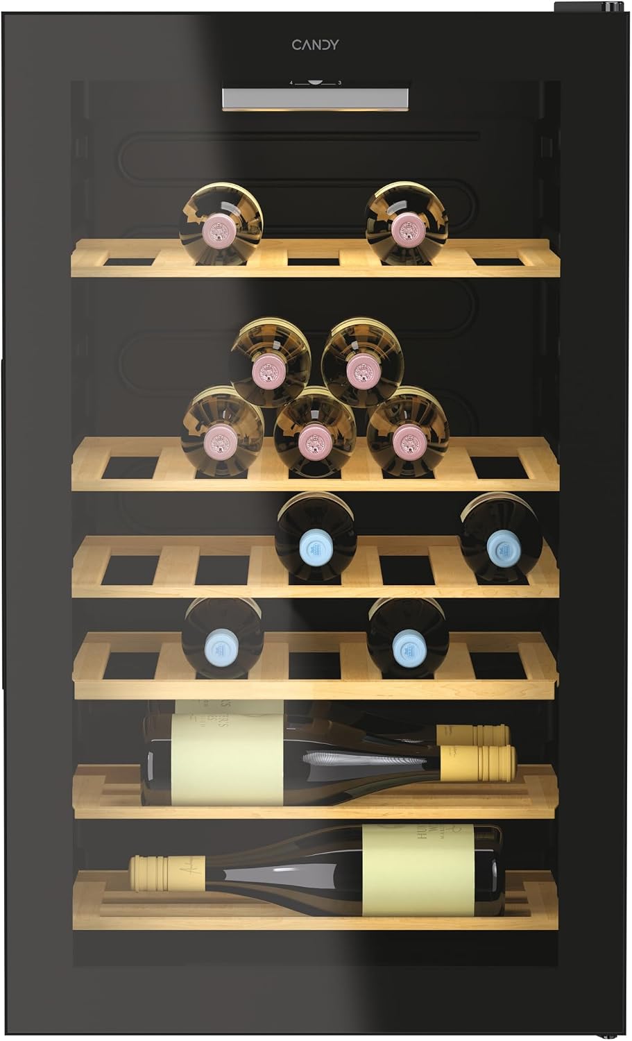 CANDY DiVino, Cantinetta vino a libera installazione 41 bottiglie con porta in vetro e luce LED, compatta e salvaspazio, A×P×L 84,5×54,5×49cm, Nera – CWC 150 MHF