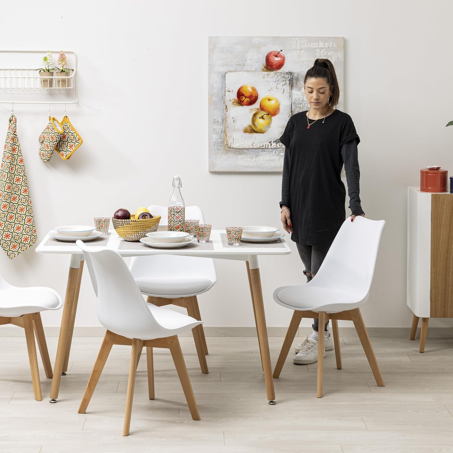 Baroni Home Set di 4 Sedie da Pranzo o Ufficio con Gambe in Legno, Sedia Ergonomica con Cuscino Integrato 57X48X79 cm Bianco