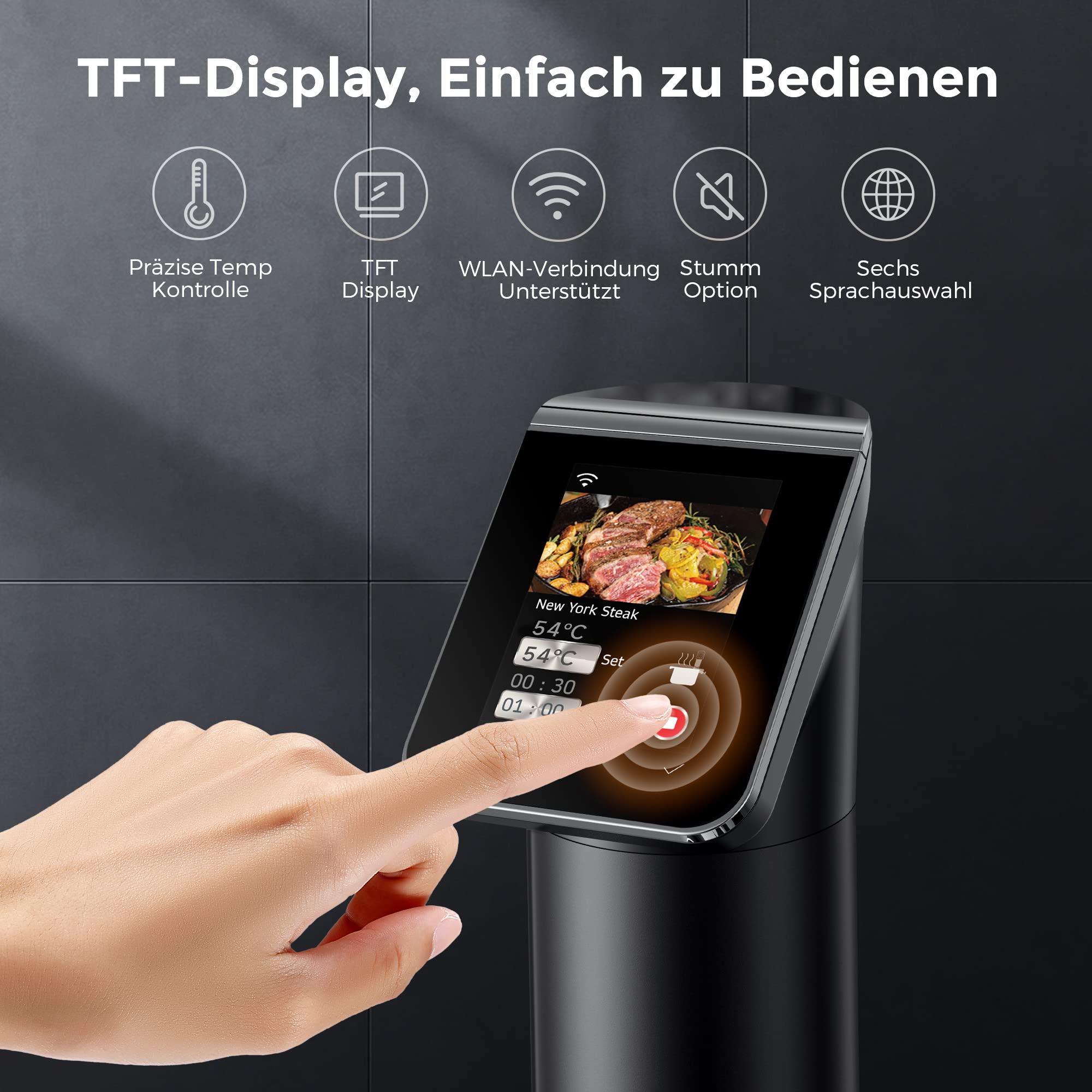 KitchenBoss G330 WLAN Sous Vide Präzisionskocher 90°C IPX7 wasserdicht Touchdisplay Tauchzirkulator 360° Timer