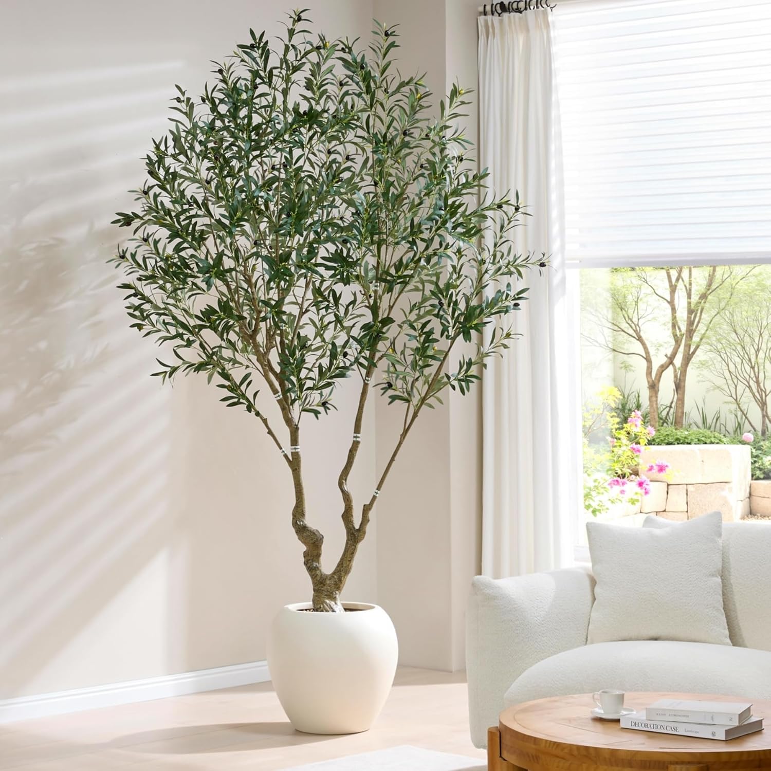 8.5FT Large Luxury Artificial Olive Tree, Extra Lush with White Planter, Stereoscopic Shape & 5 Minutes Easy Set-up, Tall Potted Olive with Thick Trunk and Lifelike Fruits for Home, Office, Restaurant
