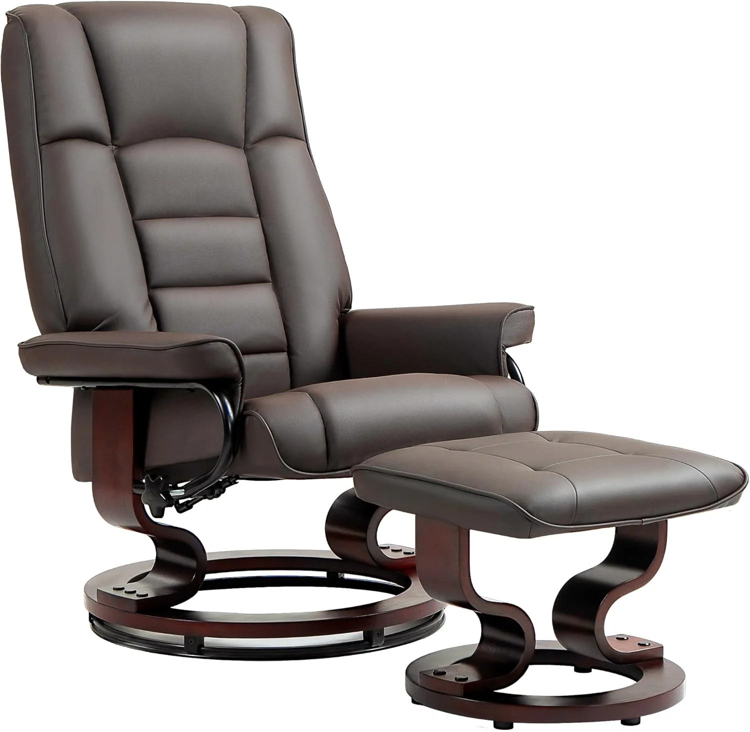 Faux Leather Recliner Chair with Swivel Ottoman High Back and Wood Frame Brown