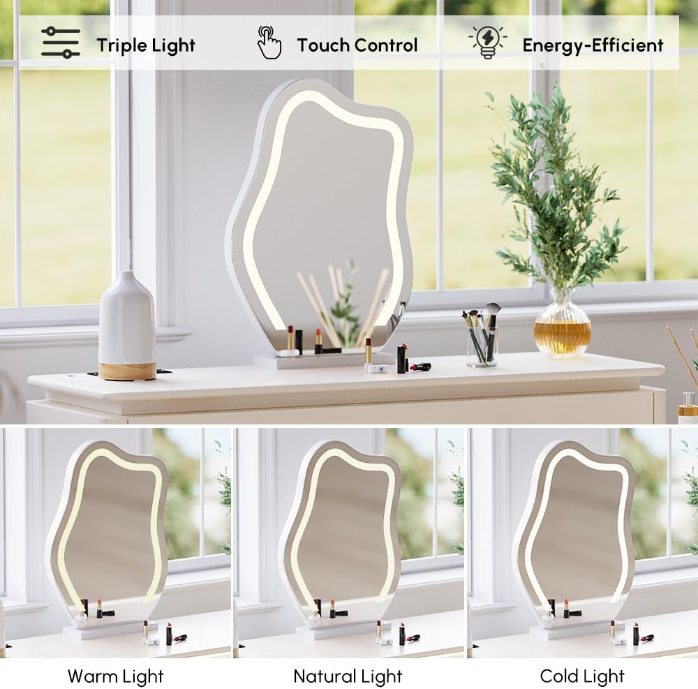 Homary Schminktisch mit Beleuchtung, Modern Schminktisch mit Ausziehbarem Design, Dimmbarer LED-Beleuchtung und Integrierter Ladestation für Ihre Beauty-Tools