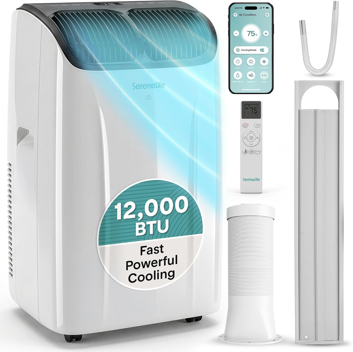 SereneLife Condizionatore Portatile 12000 BTU, Climatizzatore Portatile 3 in 1 con Deumidificatore e Ventilazione, Pinguino Condizionatore WiFi, Silenzioso, Kit Finestra Incluso, Casa, Ufficio