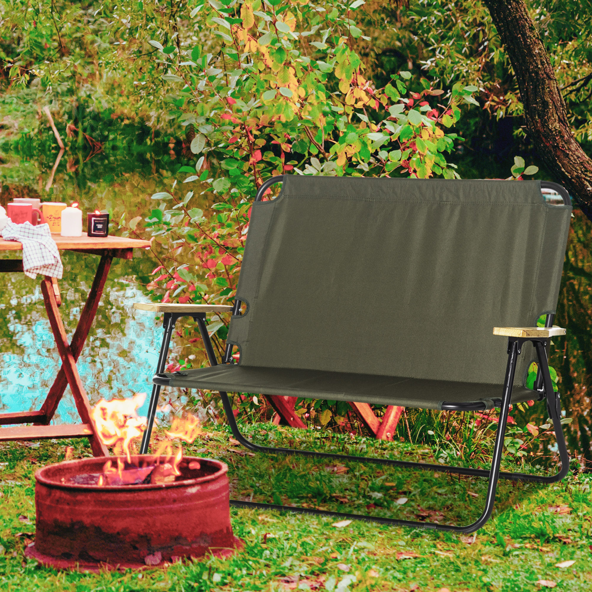 Outsunny Faltstuhl 2-Sitzer faltbar Campingstuhl mit Armlehnen Getränkehalter Outdoor Klappstuhl bis 160 kg belastbar robust Angelstuhl Gartenstuhl für Garten Camping Strand
