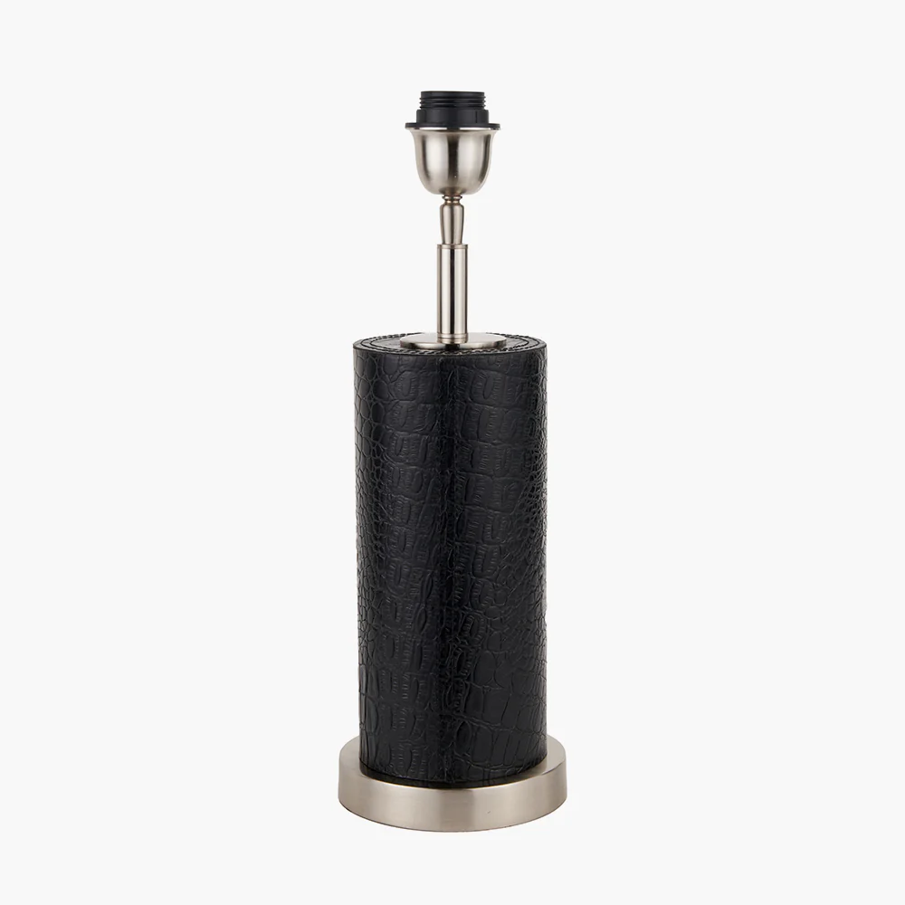 Black Croc Leather and Silver Cylindrical Table Lamp
