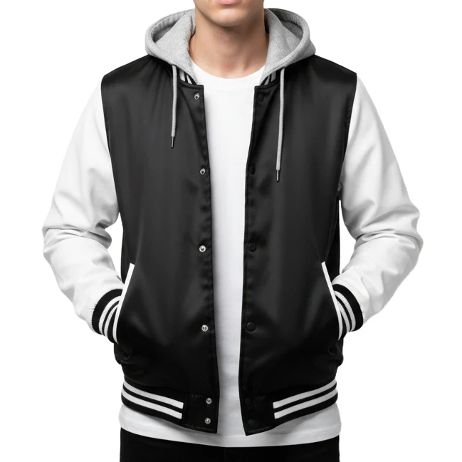 12 Pack Men's Midweight Hooded Varsity Jacket �C Black / White Sleeves